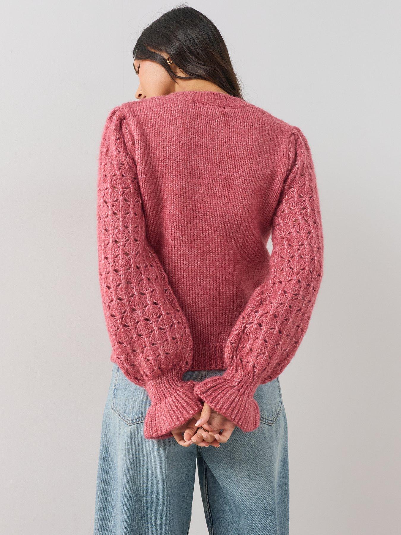 Image 2 of 6 of The Very Collection Crew Neck Open Stitch Frill Jumper With Wool - Pink