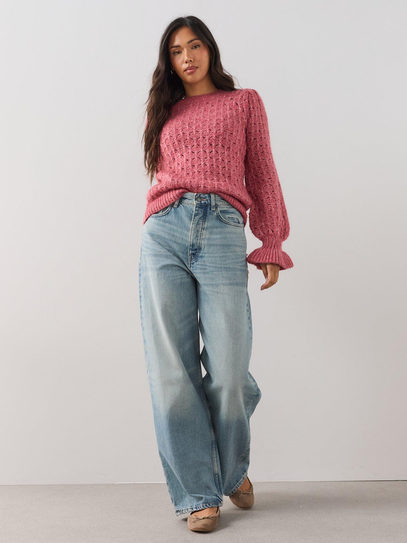 Image 3 of 6 of The Very Collection Crew Neck Open Stitch Frill Jumper With Wool - Pink