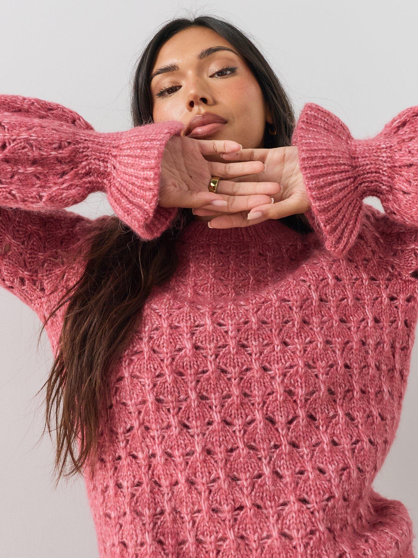 Image 4 of 6 of The Very Collection Crew Neck Open Stitch Frill Jumper With Wool - Pink