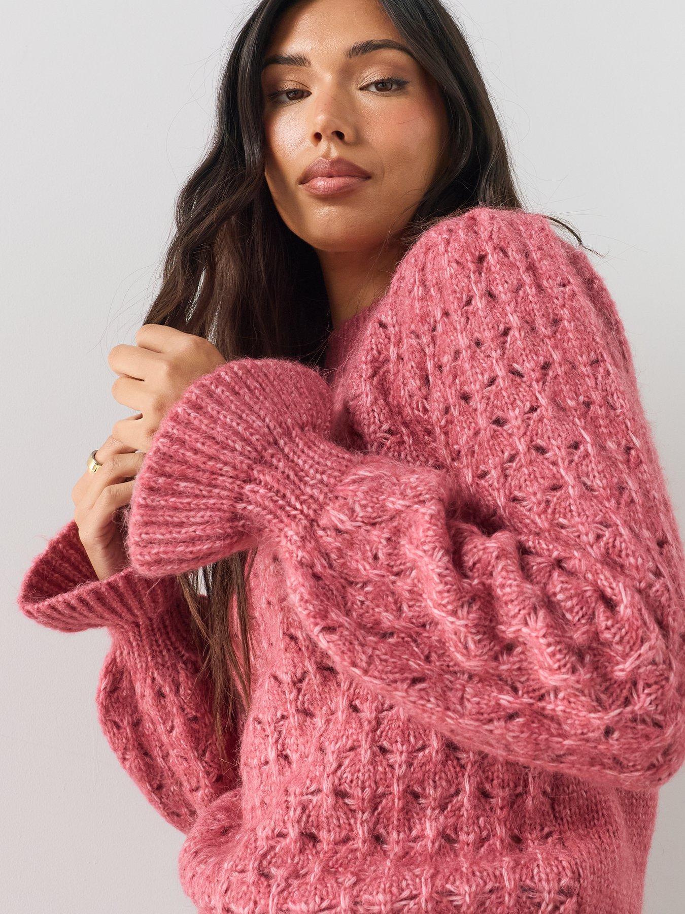 Image 5 of 6 of The Very Collection Crew Neck Open Stitch Frill Jumper With Wool - Pink
