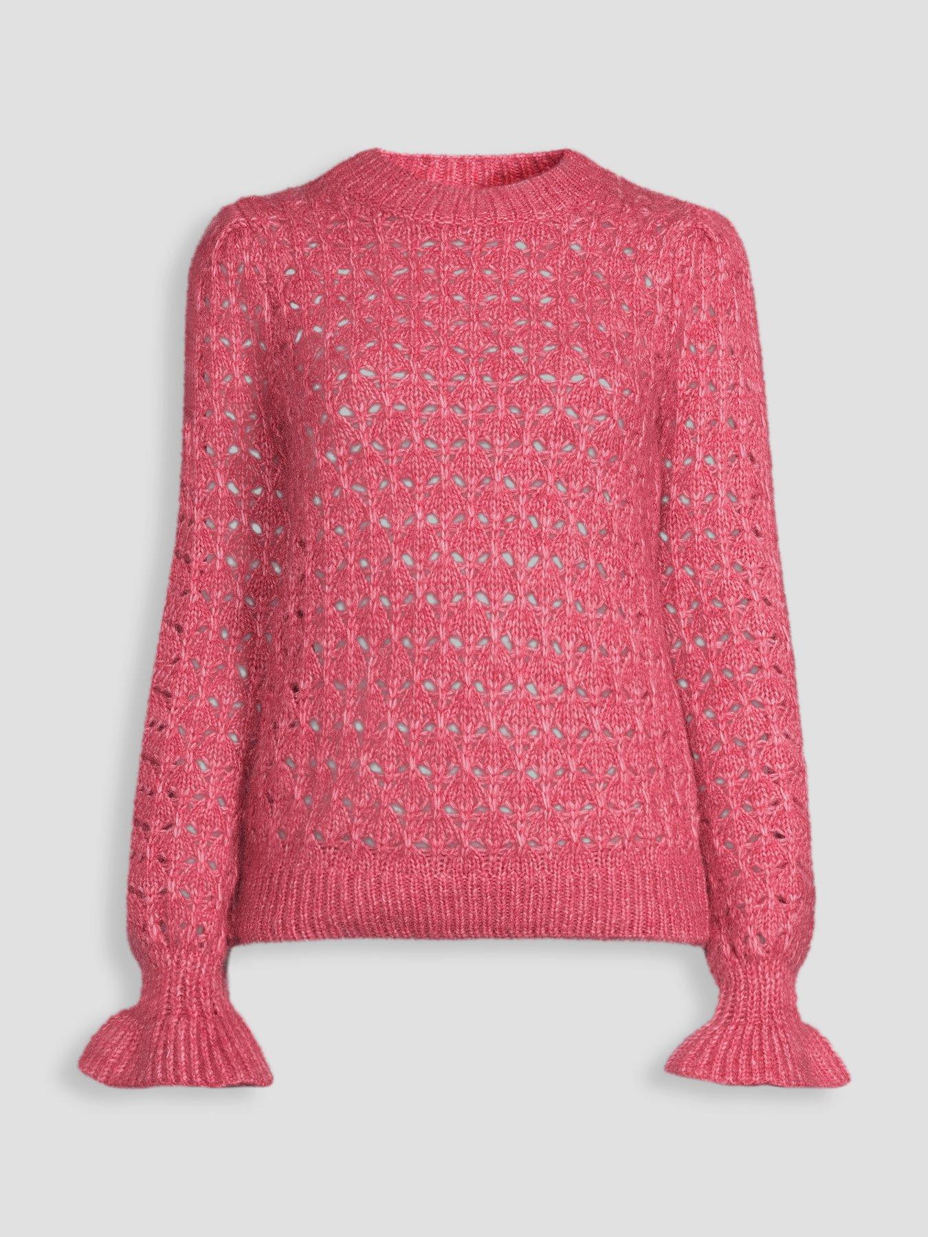 Image 6 of 6 of The Very Collection Crew Neck Open Stitch Frill Jumper With Wool - Pink