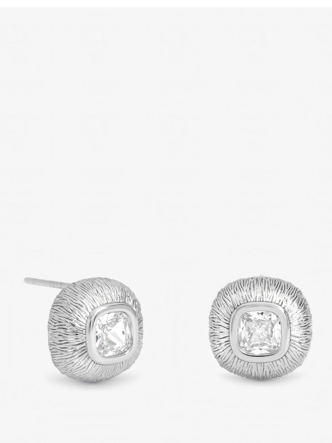 Inicio Inicio Sterling Silver Plated Satin Cubic Zirconia Bezel Set Studs - Gift Pouch