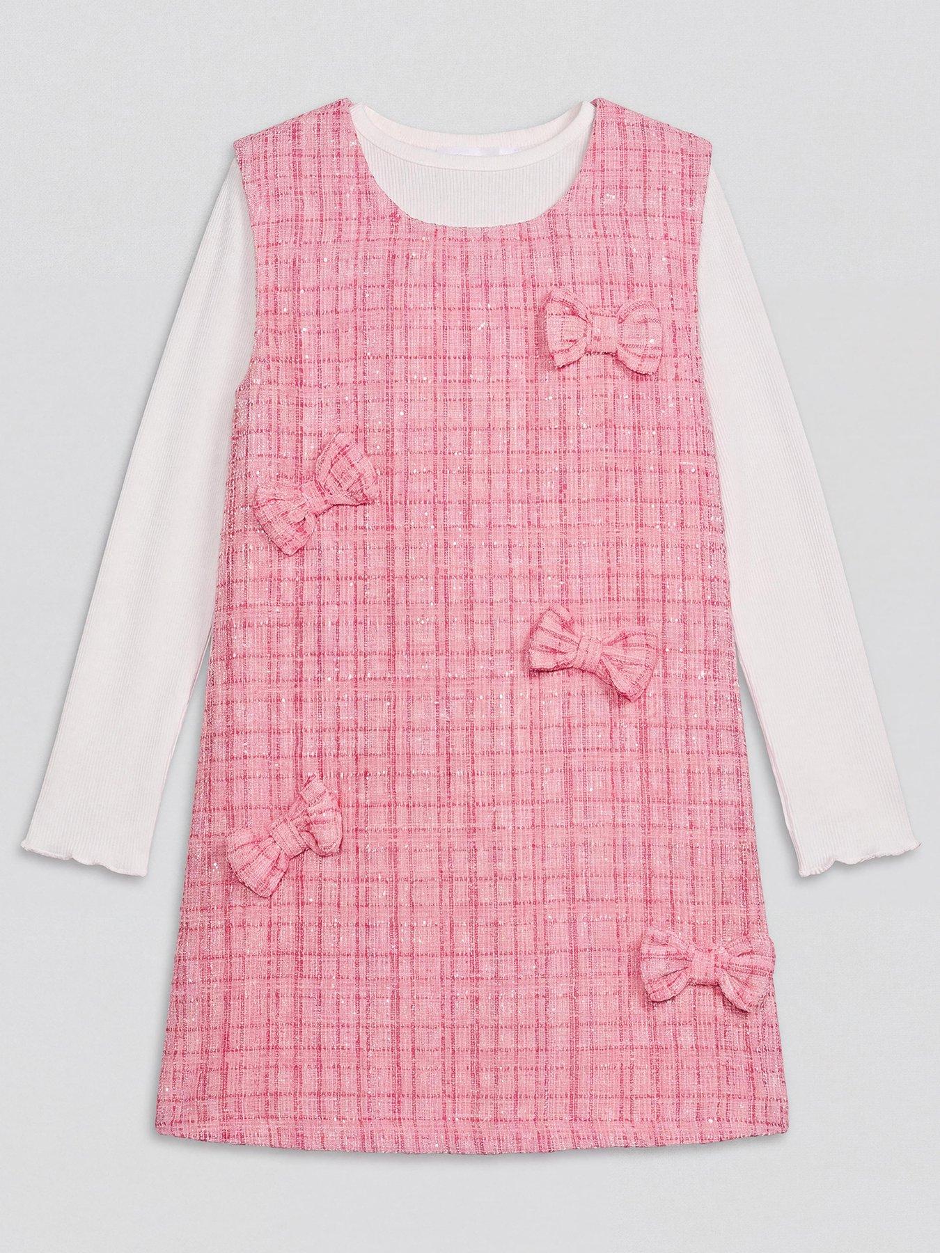 Image 1 of 5 of The Very Collection Girls Boucle Pinafore Long Sleeve Blouse Set (9 Months - 7 Years) - Pink