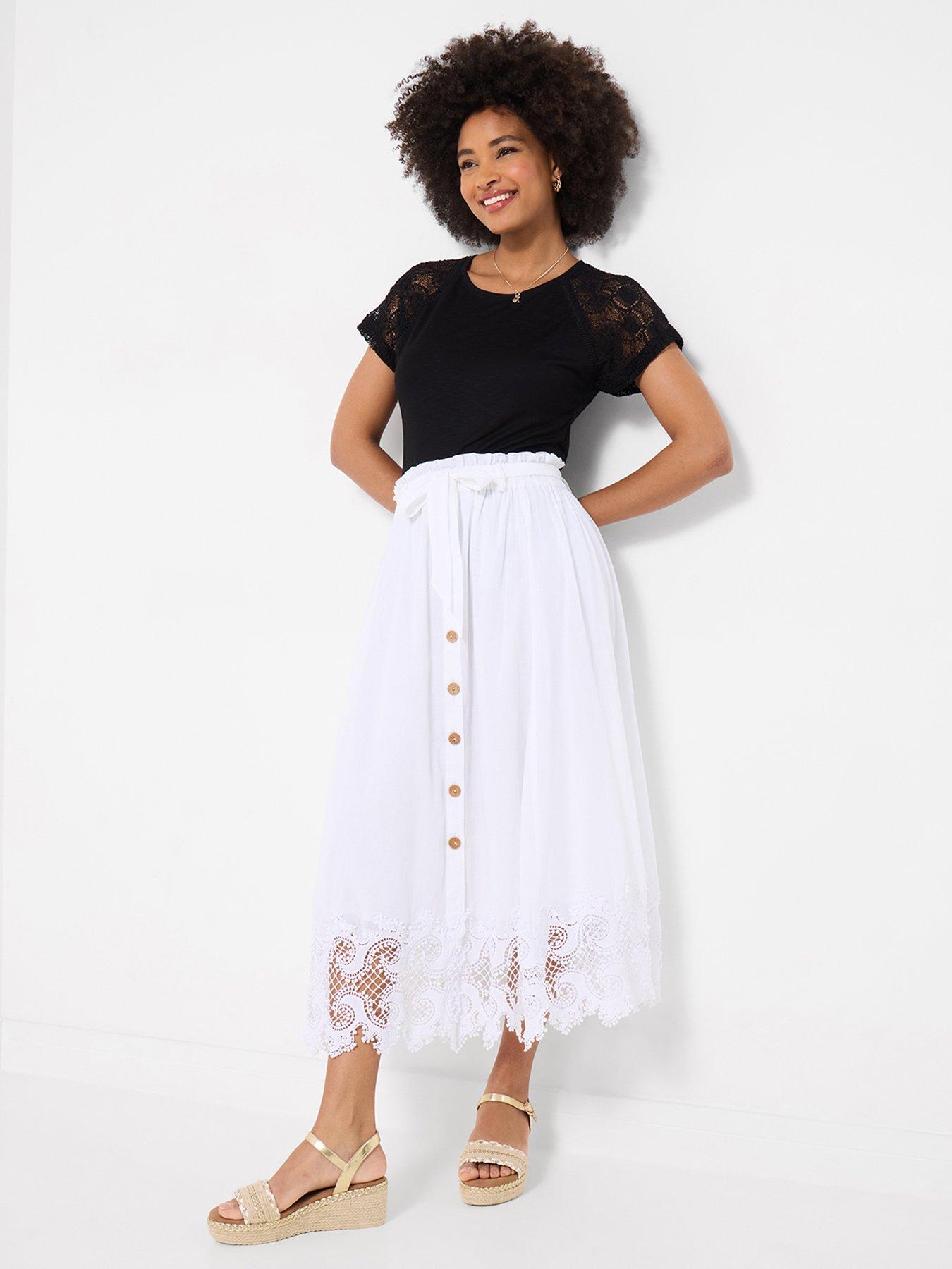 Image 1 of 7 of Joe Browns Beautiful Button Front Lace Trim Skirt - White