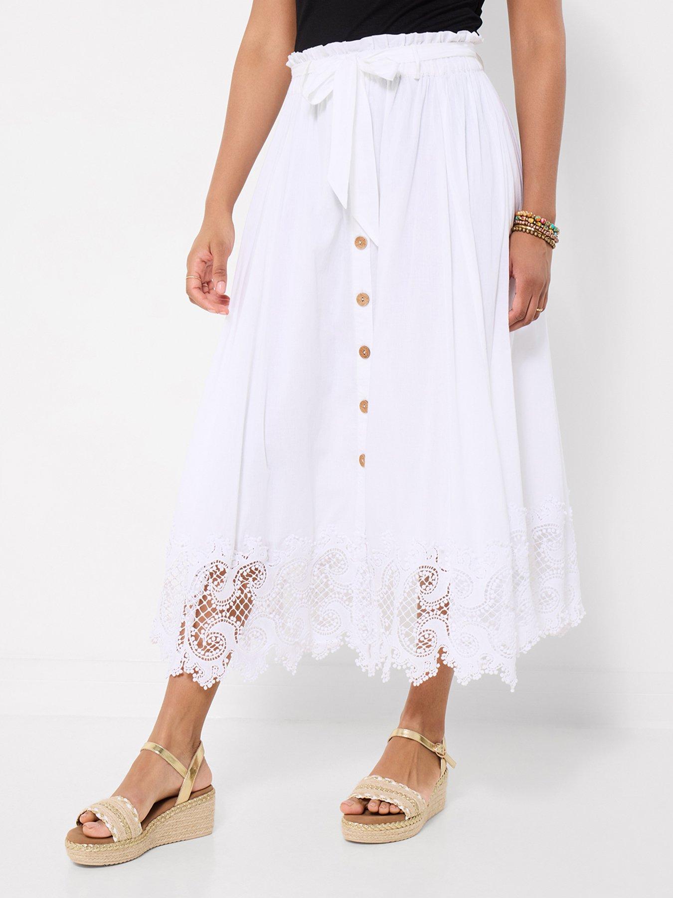 Image 2 of 7 of Joe Browns Beautiful Button Front Lace Trim Skirt - White