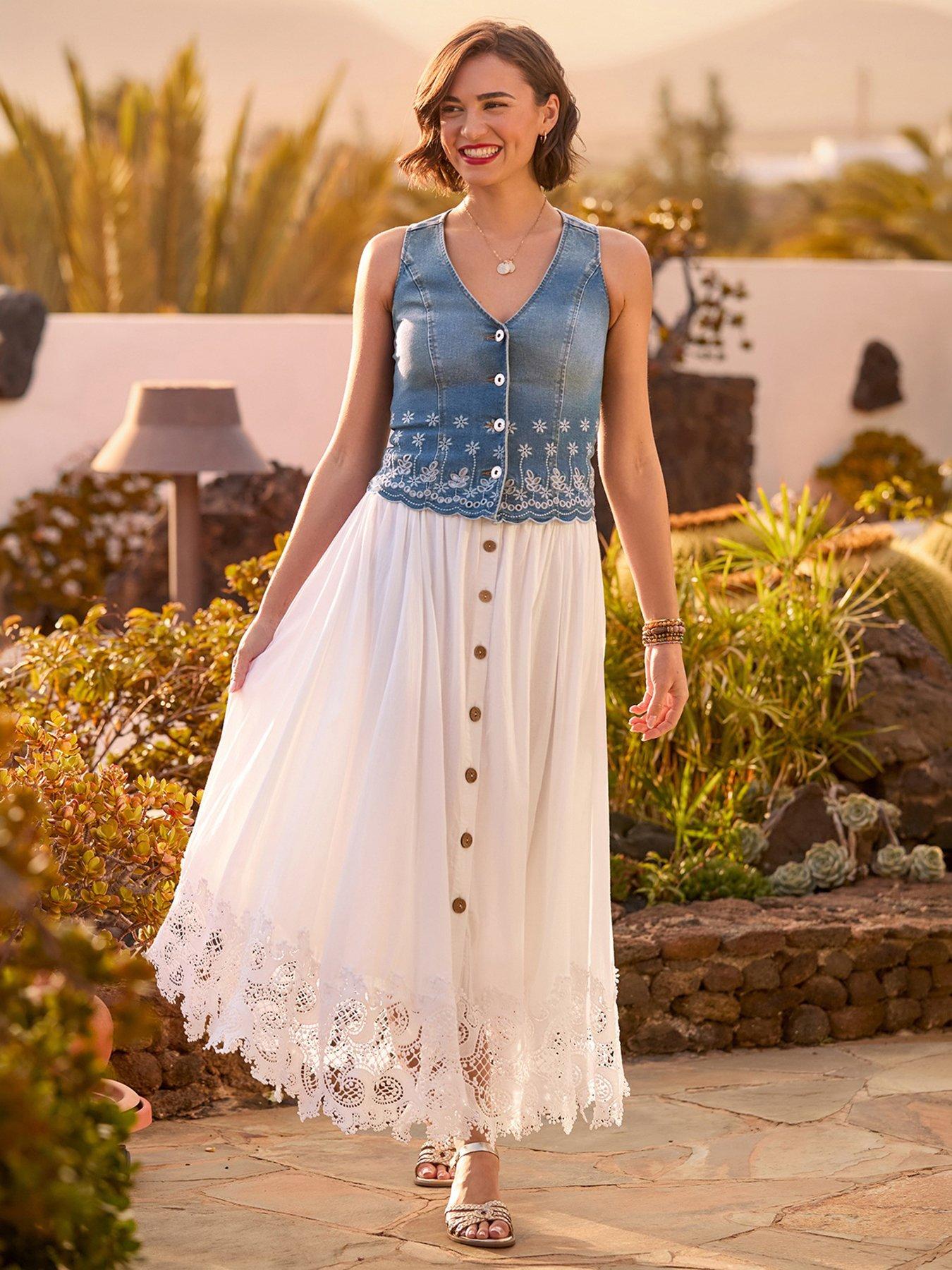 Image 6 of 7 of Joe Browns Beautiful Button Front Lace Trim Skirt - White