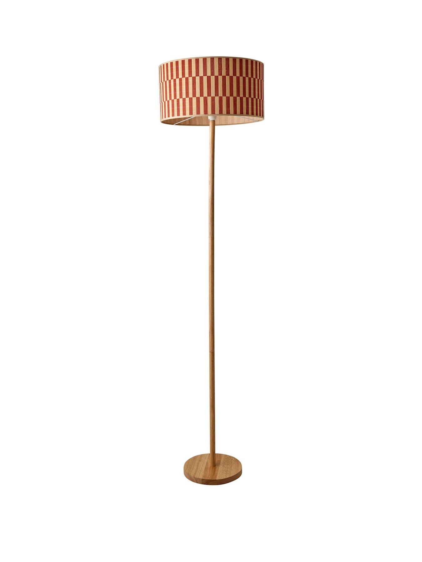 Image 2 of 5 of ValueLights Heather Light Wood Floor Lamp With Orange Checkerboard Bamboo Shade