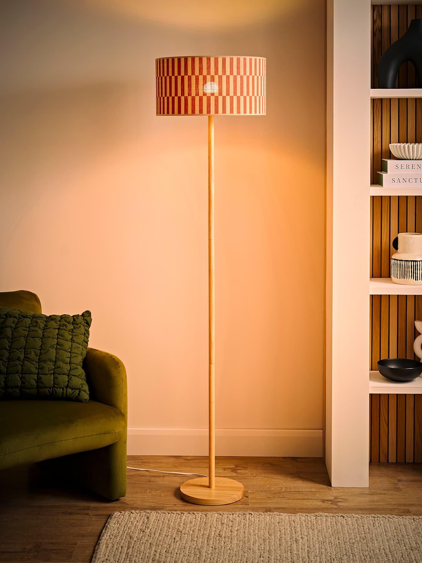 Image 3 of 5 of ValueLights Heather Light Wood Floor Lamp With Orange Checkerboard Bamboo Shade