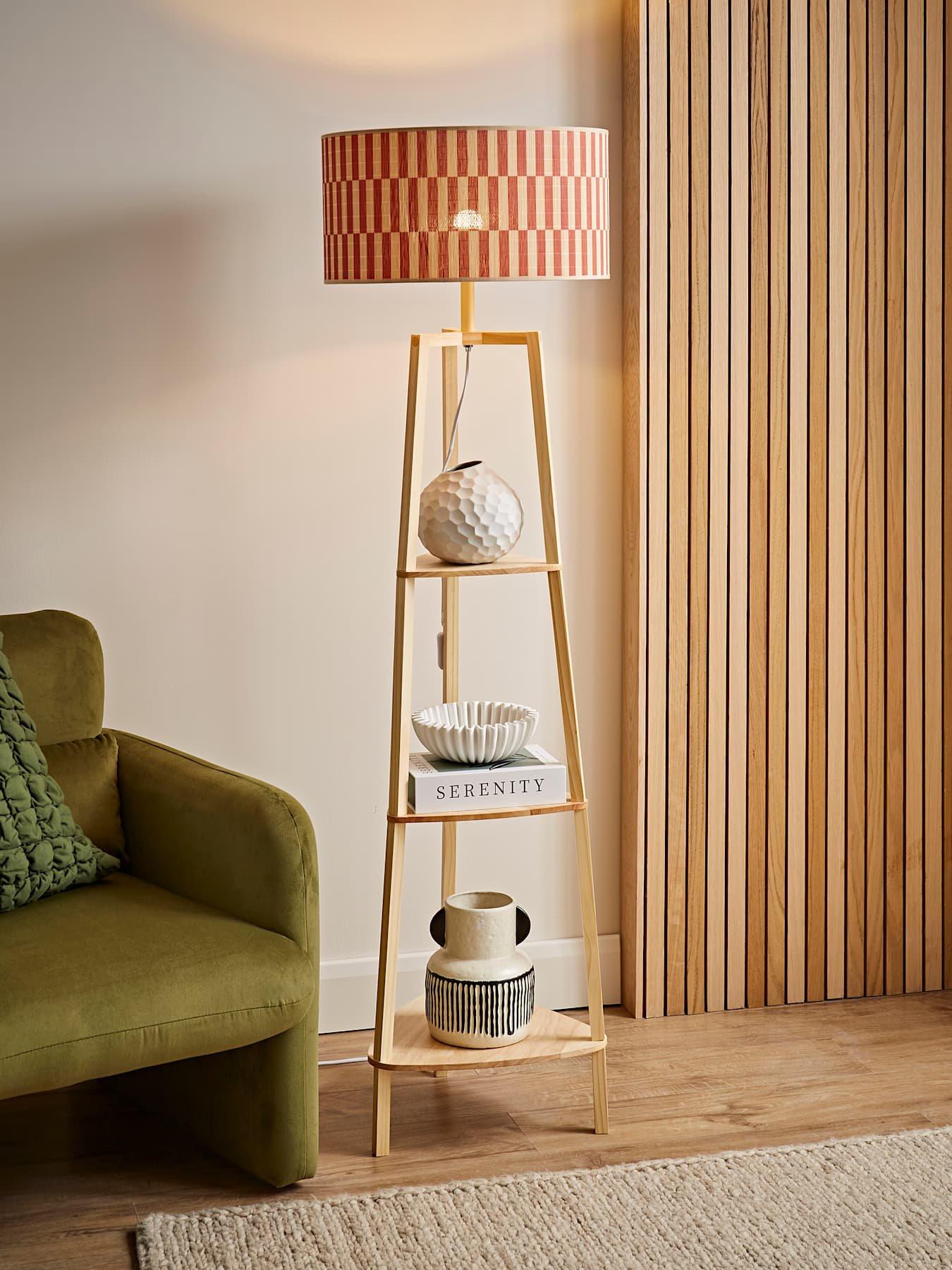 Image 1 of 7 of ValueLights Hiru Shelf Tripod Floor Lamp With Orange Checkerboard Bamboo Shade