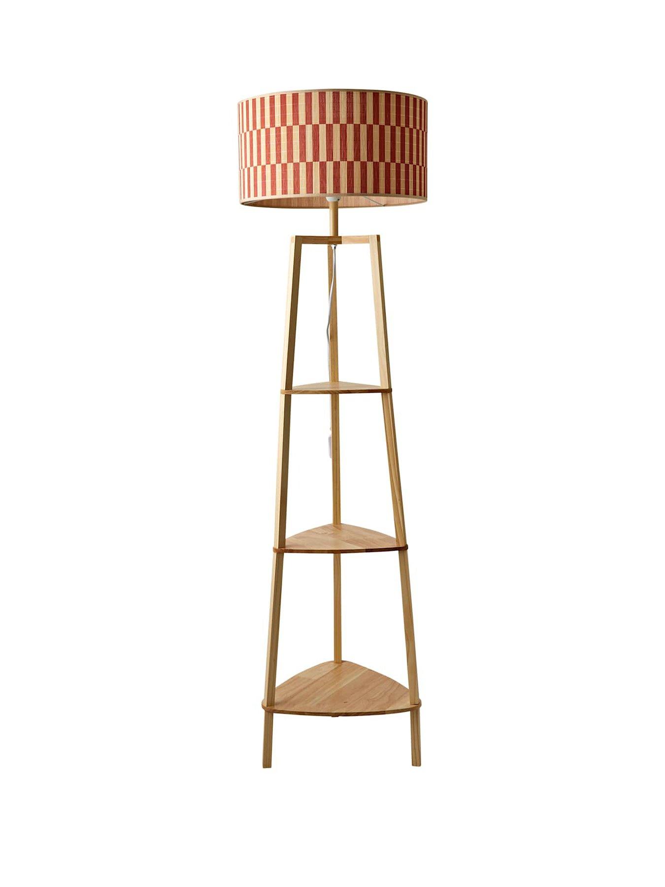 Image 2 of 7 of ValueLights Hiru Shelf Tripod Floor Lamp With Orange Checkerboard Bamboo Shade