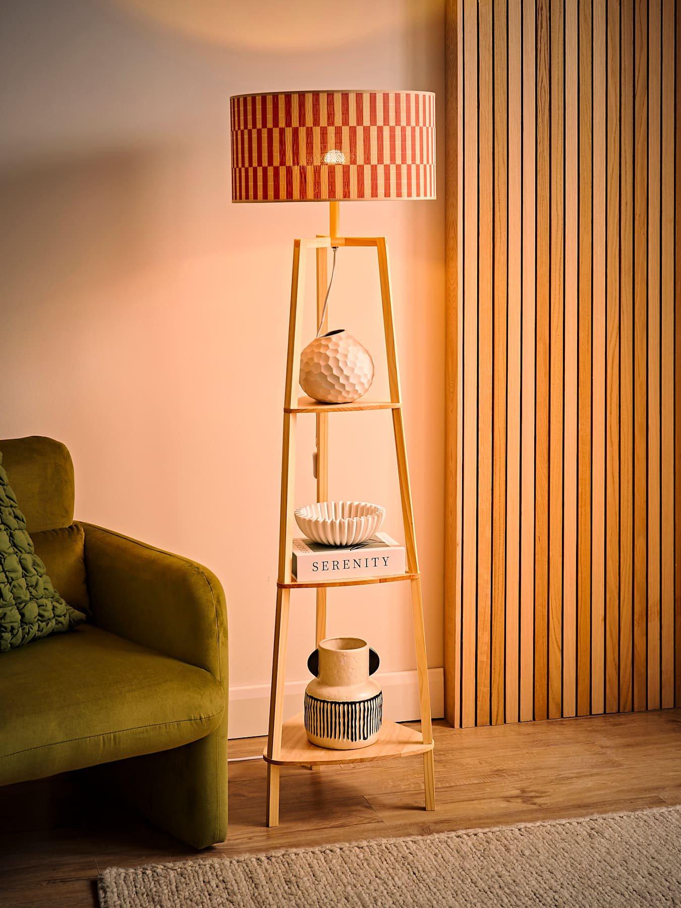Image 5 of 7 of ValueLights Hiru Shelf Tripod Floor Lamp With Orange Checkerboard Bamboo Shade