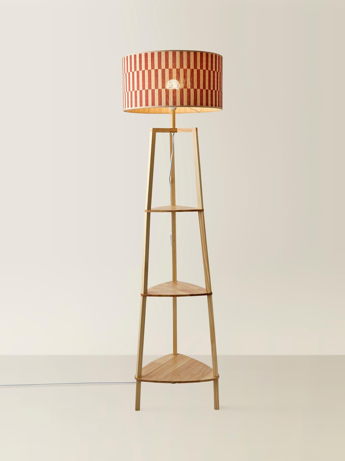 Image 6 of 7 of ValueLights Hiru Shelf Tripod Floor Lamp With Orange Checkerboard Bamboo Shade