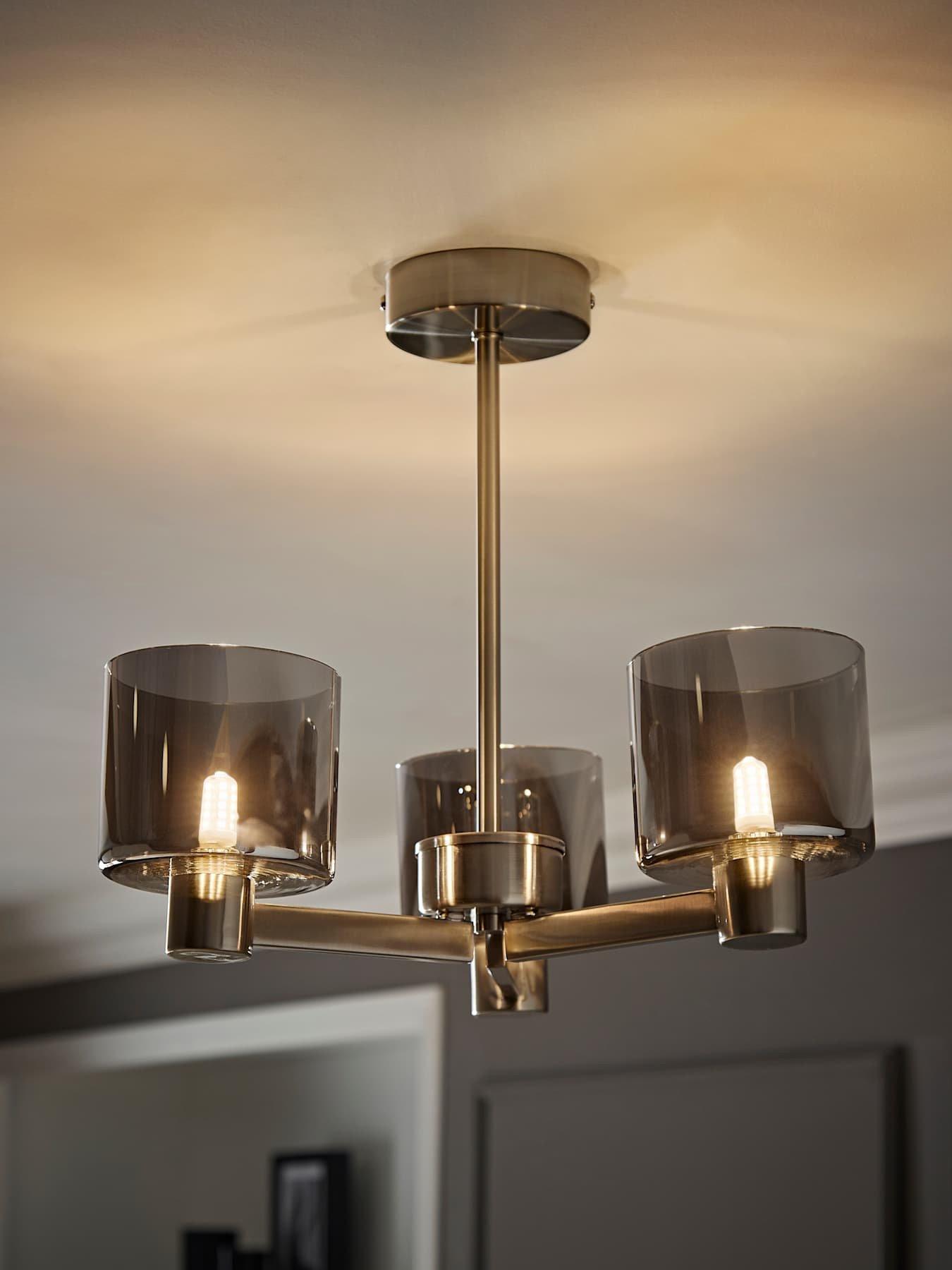ValueLights Demi Brushed Chrome And Smoked Glass 3 Arm Chandelier Ceiling Light