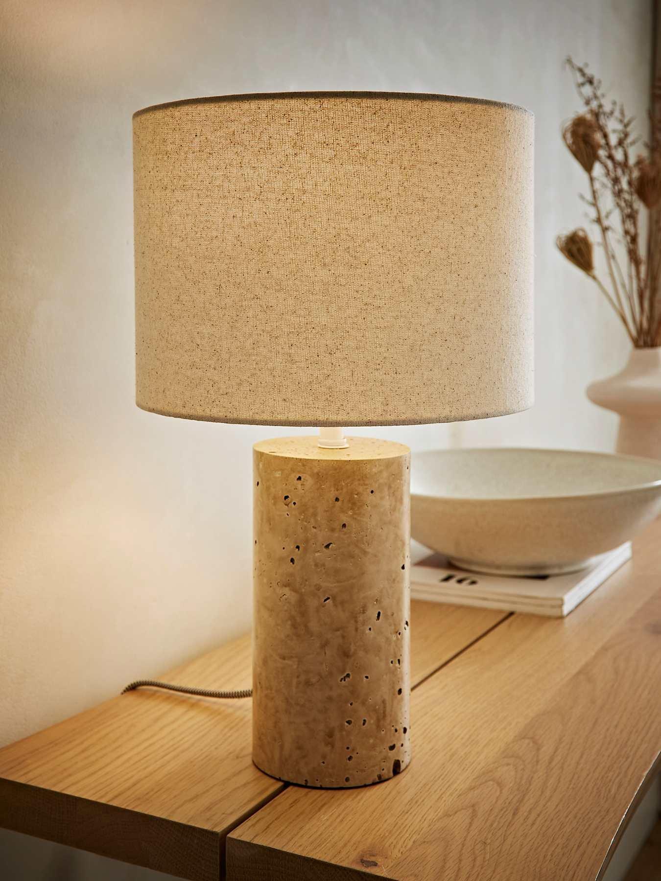Image 1 of 7 of ValueLights Chloe Natural Marble Effect Bedside Table Lamp With Neutral Linen Shade