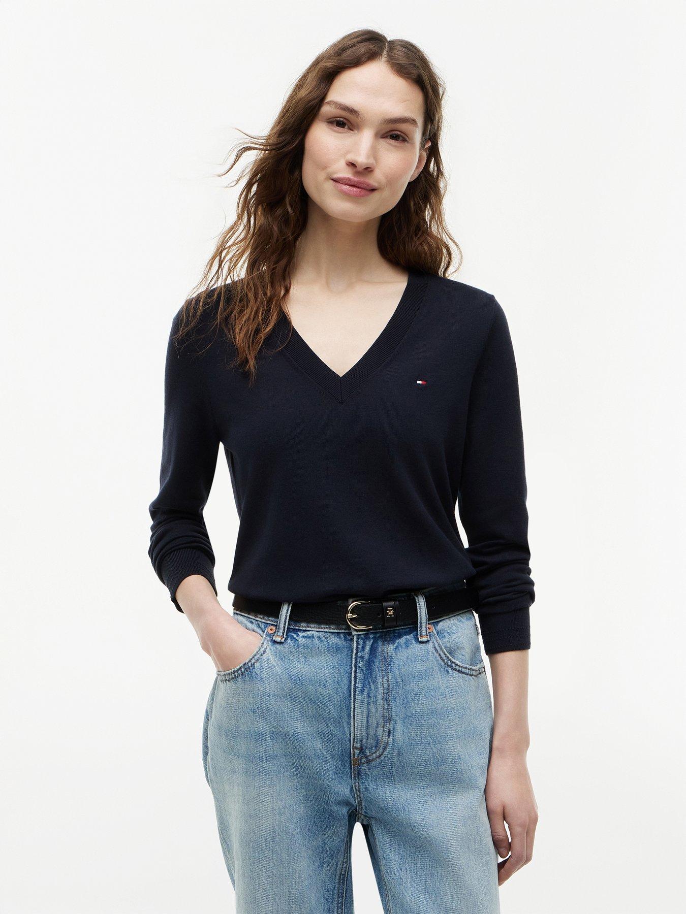 Tommy Hilfiger Jersey Stitch V-Neck Jumper, Navy, Size M, Women