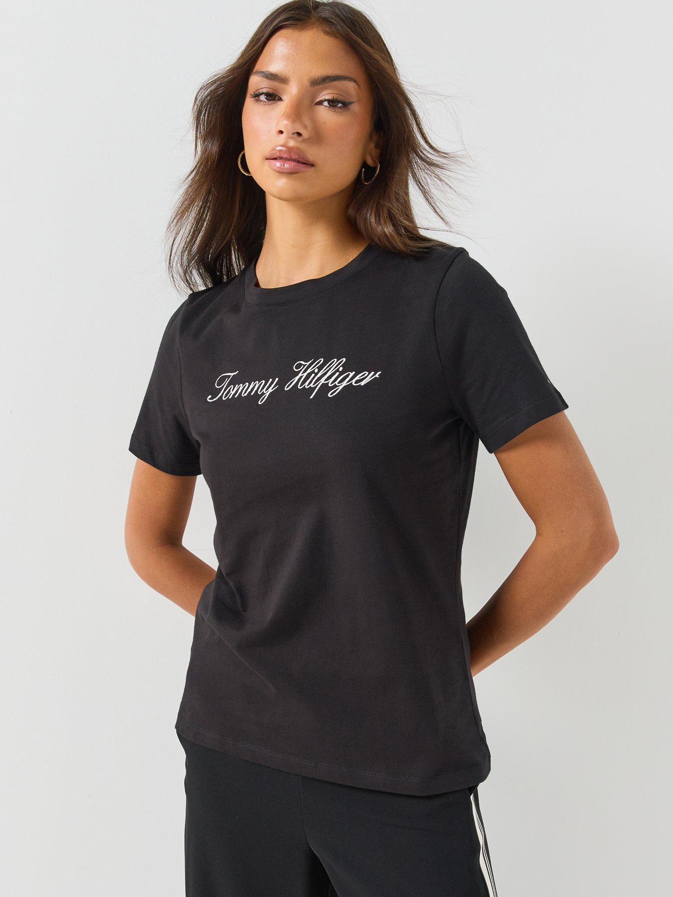 Tommy Hilfiger Womens Script Logo Slim Fit T-Shirt, Black, Size S, Women