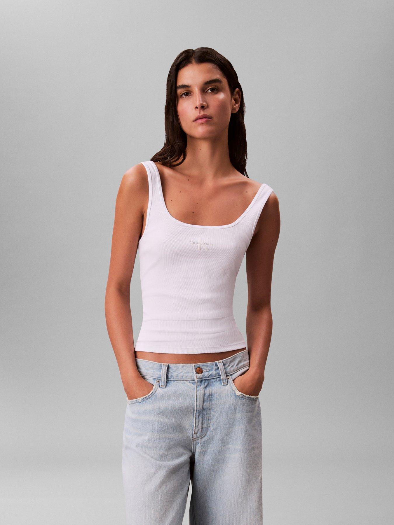 Calvin Klein Jeans Monologo Scoop Nk Rib Tank Top, White, Size L, Women