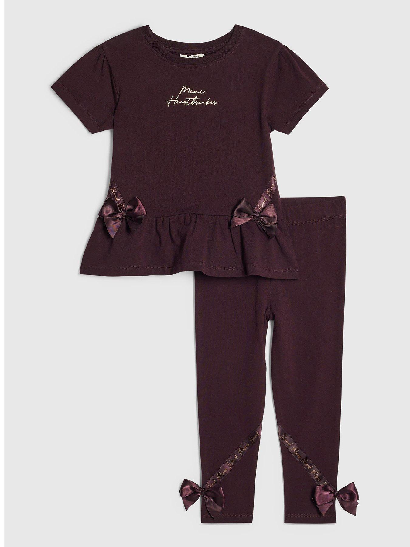 Image 1 of 5 of River Island Mini Girls Satin Bow T-shirt Set - Burgundy