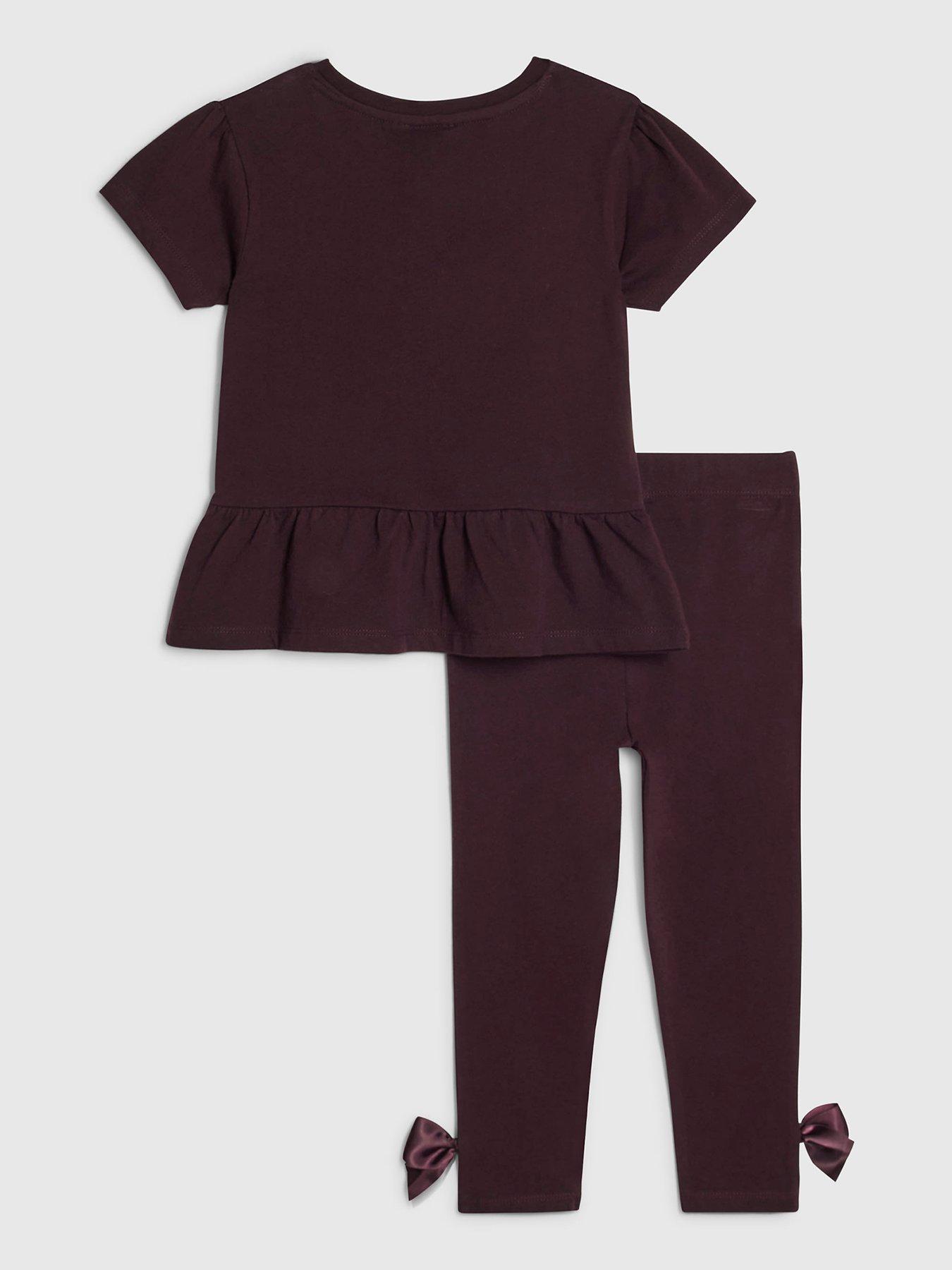 Image 2 of 5 of River Island Mini Girls Satin Bow T-shirt Set - Burgundy