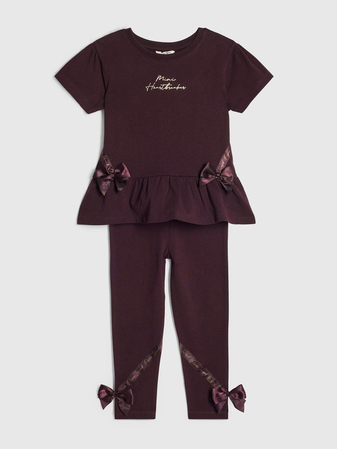 Image 3 of 5 of River Island Mini Girls Satin Bow T-shirt Set - Burgundy