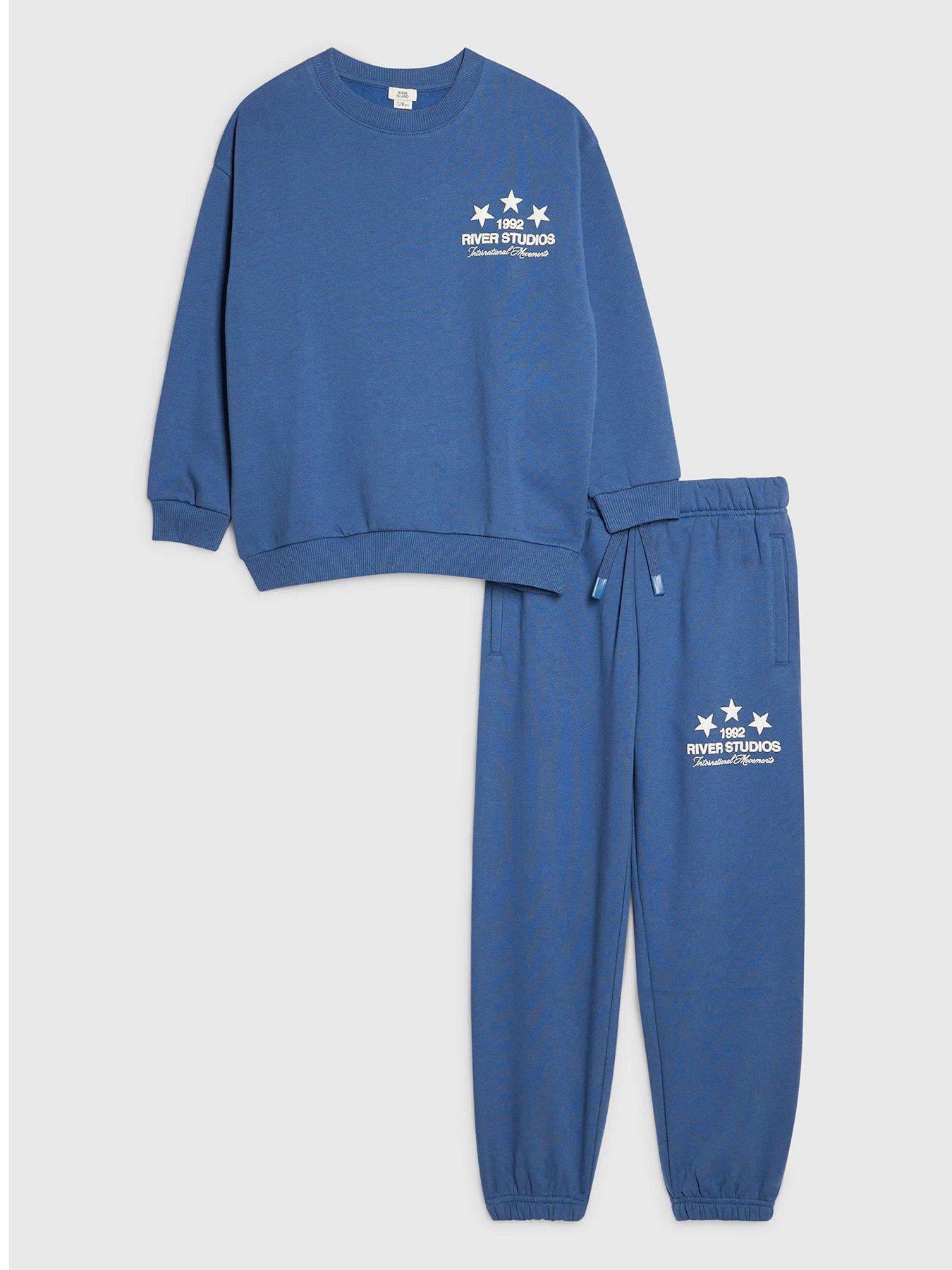 Image 1 of 5 of River Island Boys River Studios Logo Cotton Sweatshirt Set - Blue