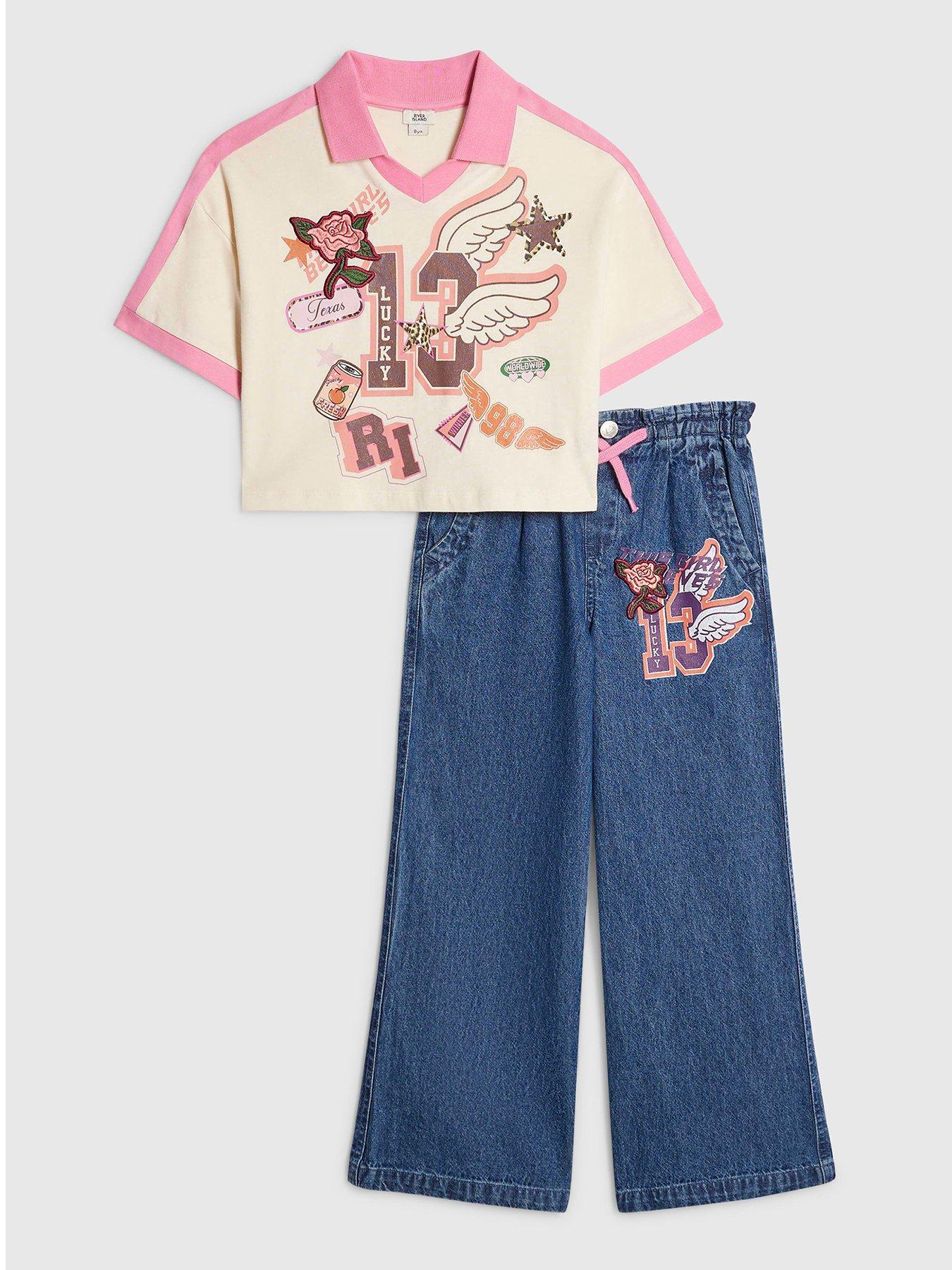River Island Girls Collegiate Polo Top And Jeans Set - Pink