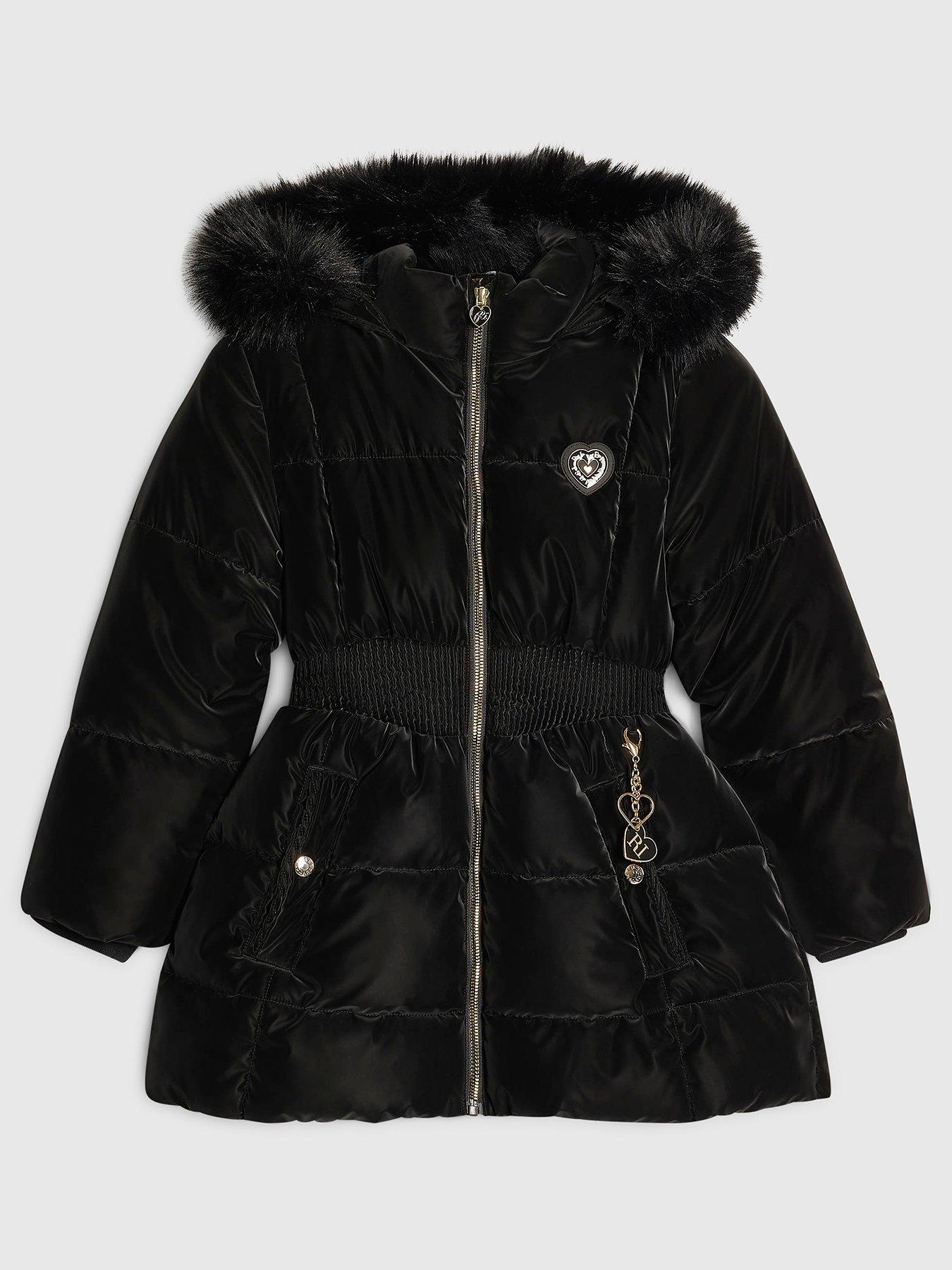River Island Girls Velour Padded Faux Fur Trim Coat - Black