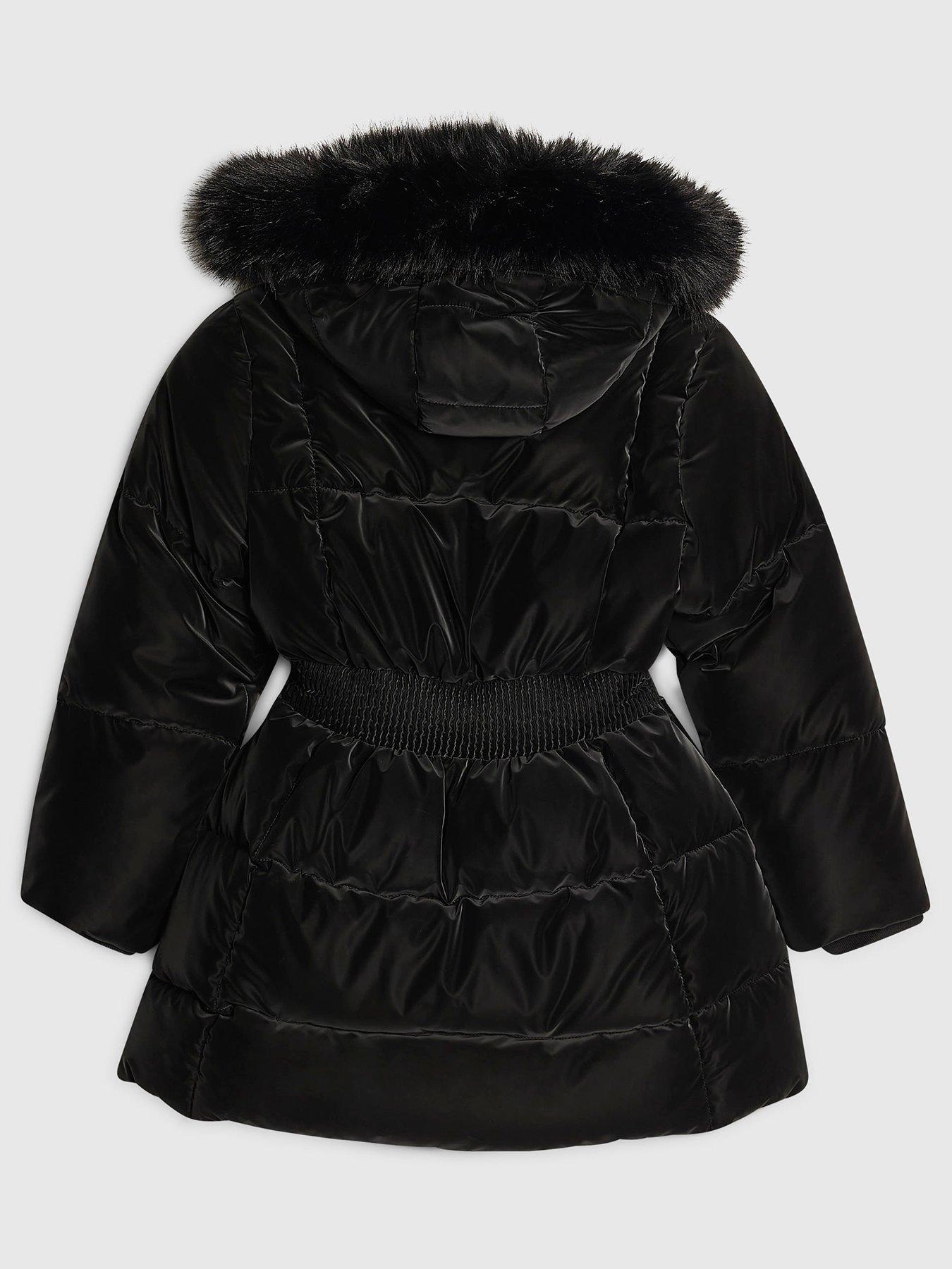 Image 2 of 3 of River Island Girls Velour Padded Faux Fur Trim Coat - Black