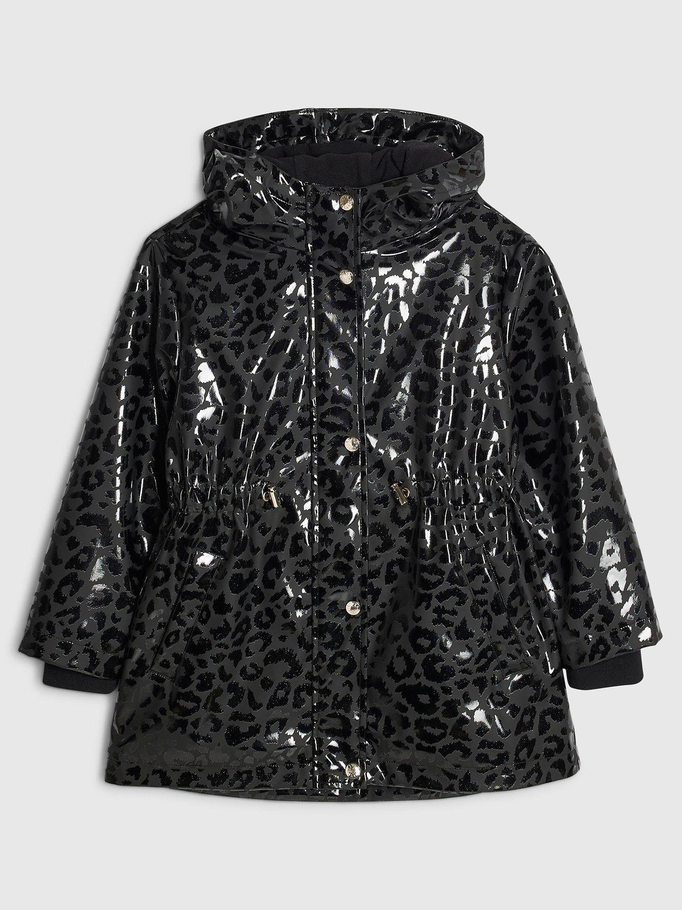 Image 1 of 3 of River Island Girls Leopard Print Raincoat - Black