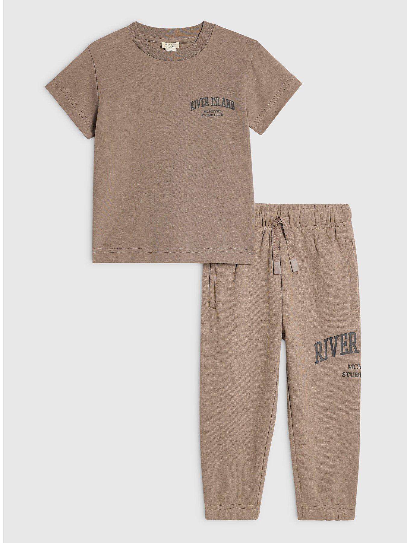 River Island Mini Mini Boys Brown Ri T-shirt And Joggers Set - Brown