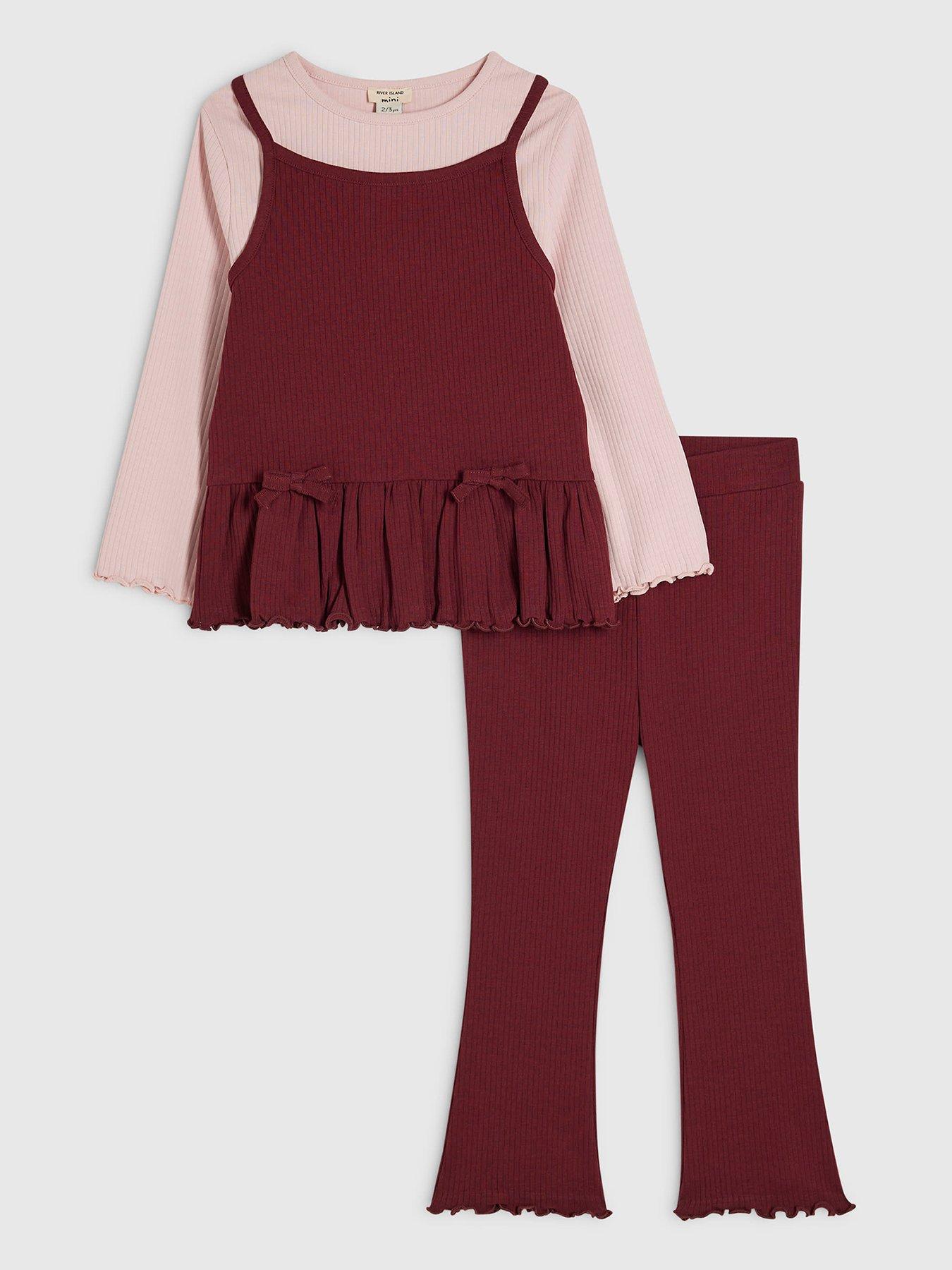 River Island Mini Mini Girls Burgundy Ribbed Top  &  Trouser Set - Burgundy