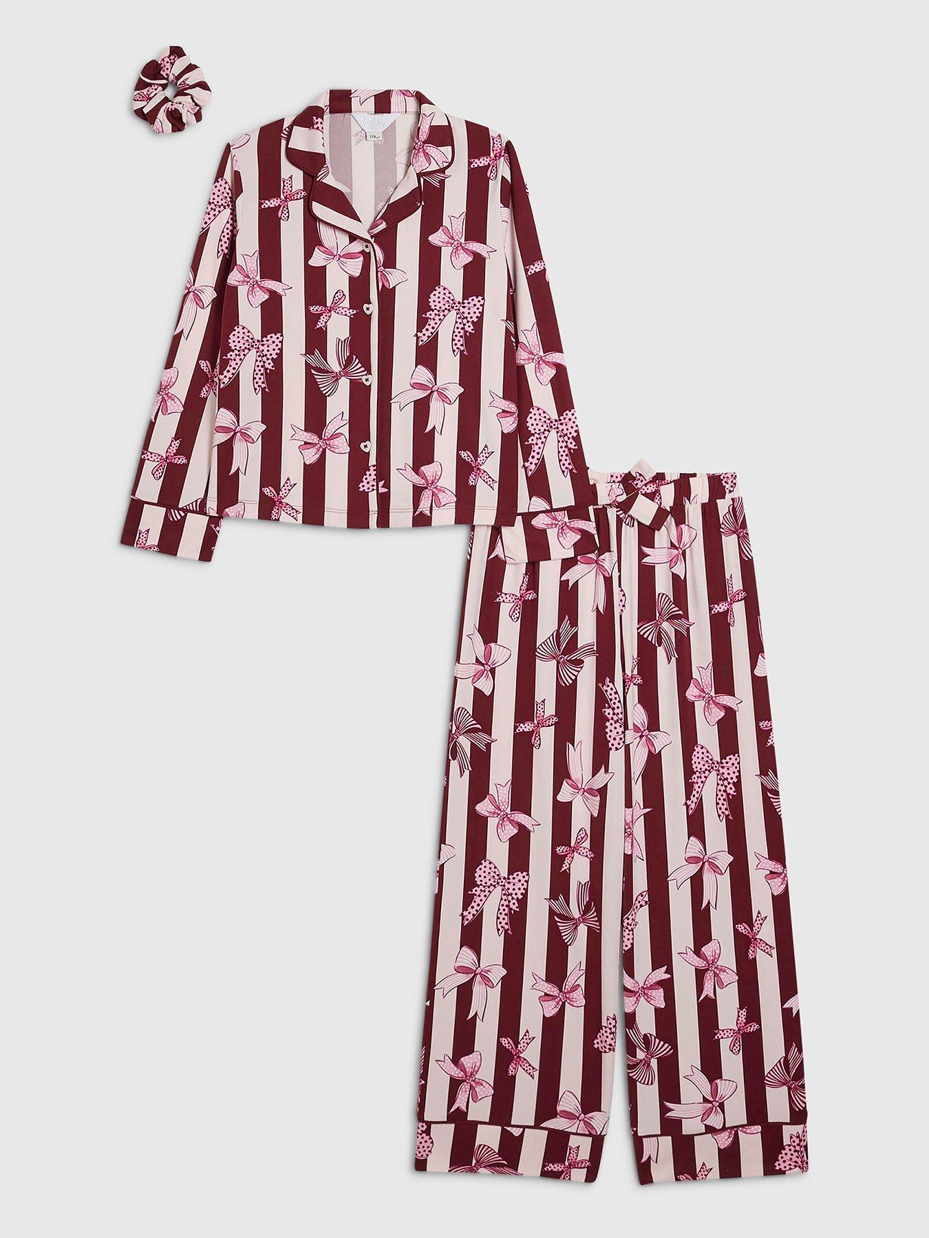 River Island Girls Burgundy Bow Button Up Pyjamas Set - Burgundy