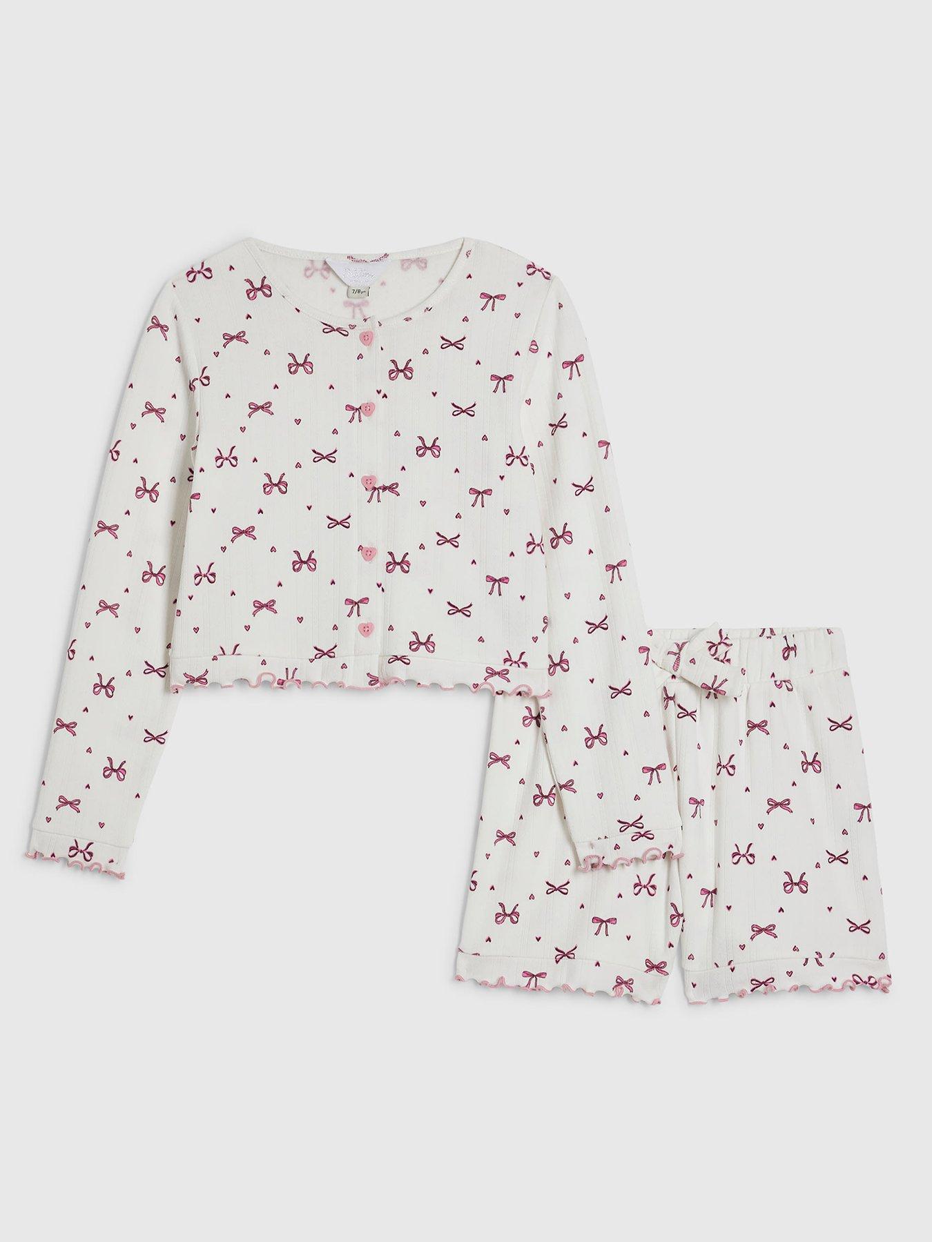 River Island Girls White Bow Pointelle Cardigan Pyjamas - White