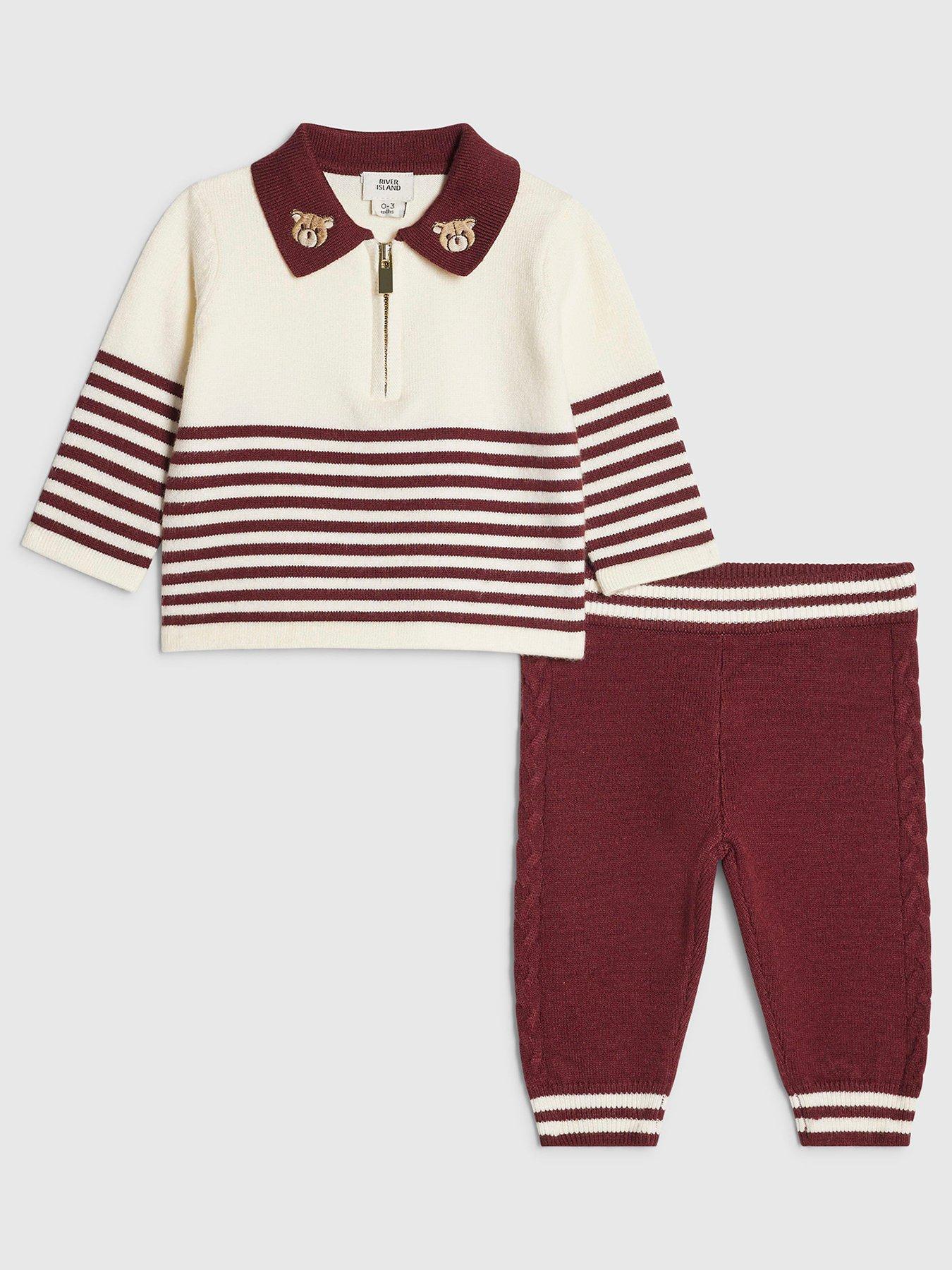 Image 1 of 5 of River Island Baby Baby Boys Stripe Polo Knit Set - Burgundy