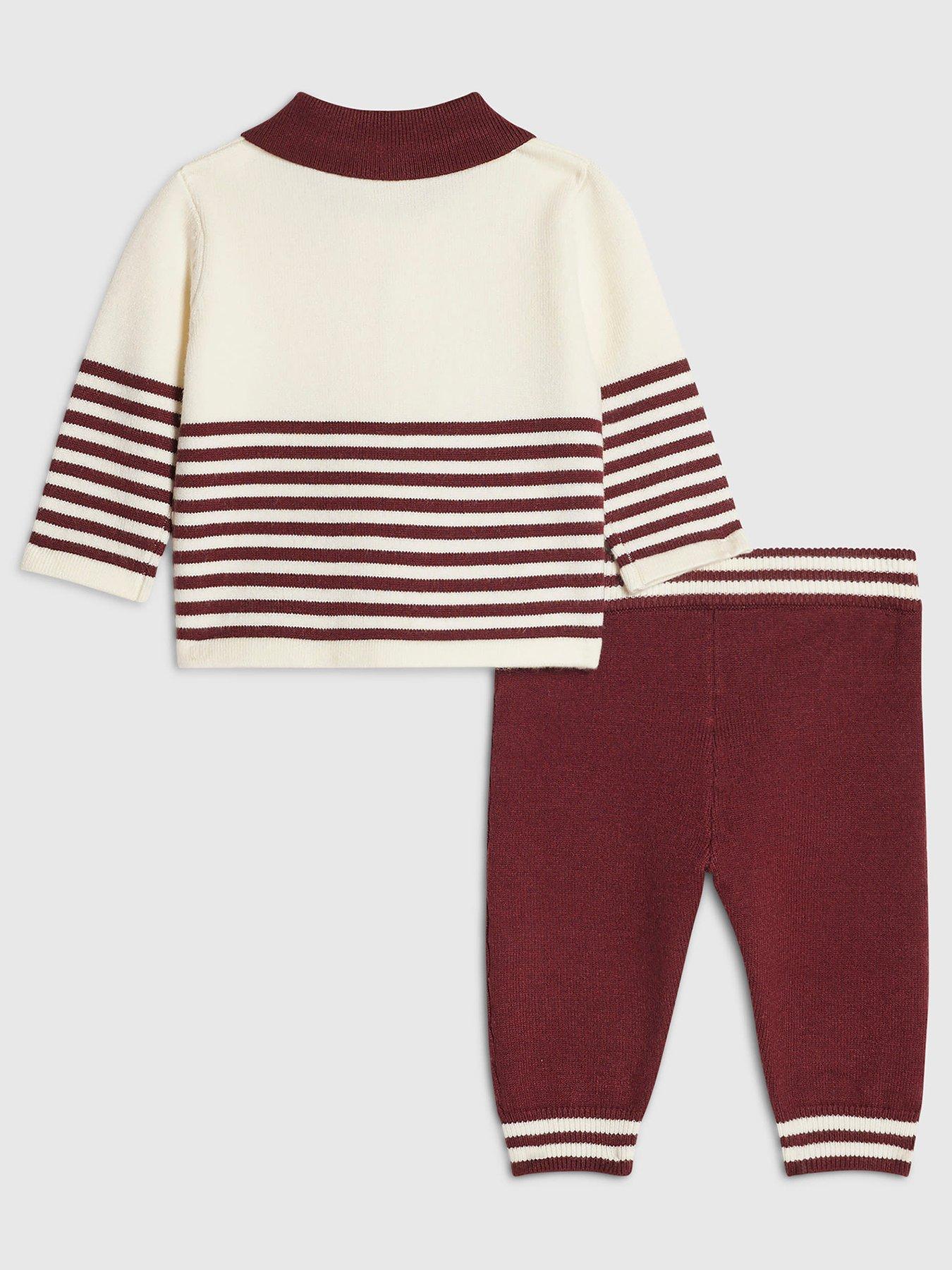 Image 2 of 5 of River Island Baby Baby Boys Stripe Polo Knit Set - Burgundy