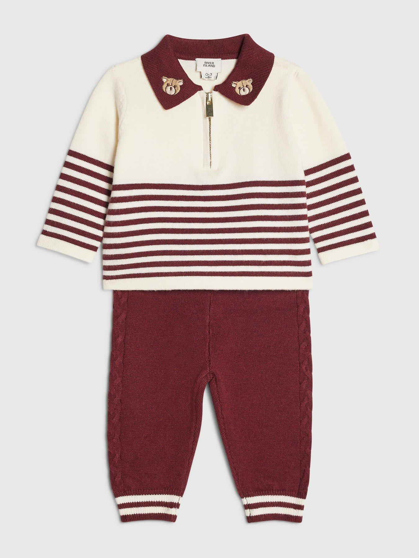 Image 3 of 5 of River Island Baby Baby Boys Stripe Polo Knit Set - Burgundy