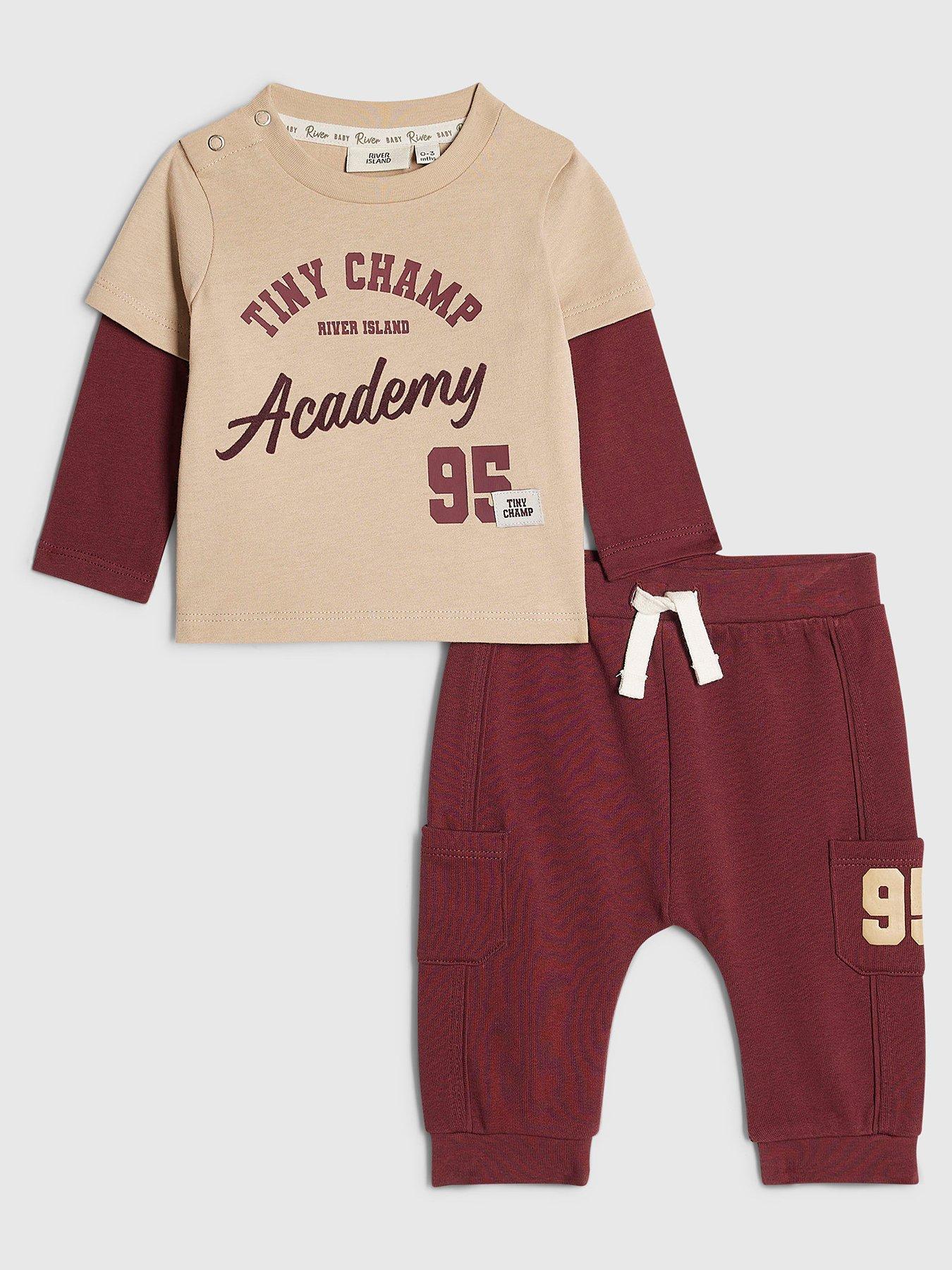River Island Baby Baby Boys Brown Tiny Champ 95 T-shirt Set - Burgundy