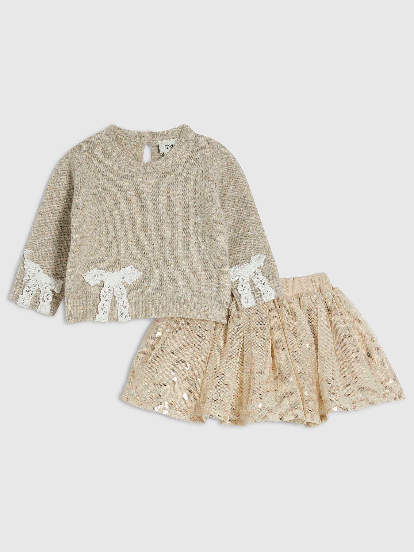 Image 1 of 5 of River Island Baby Baby Girls Bow Jumper With Tutu Set - Beige