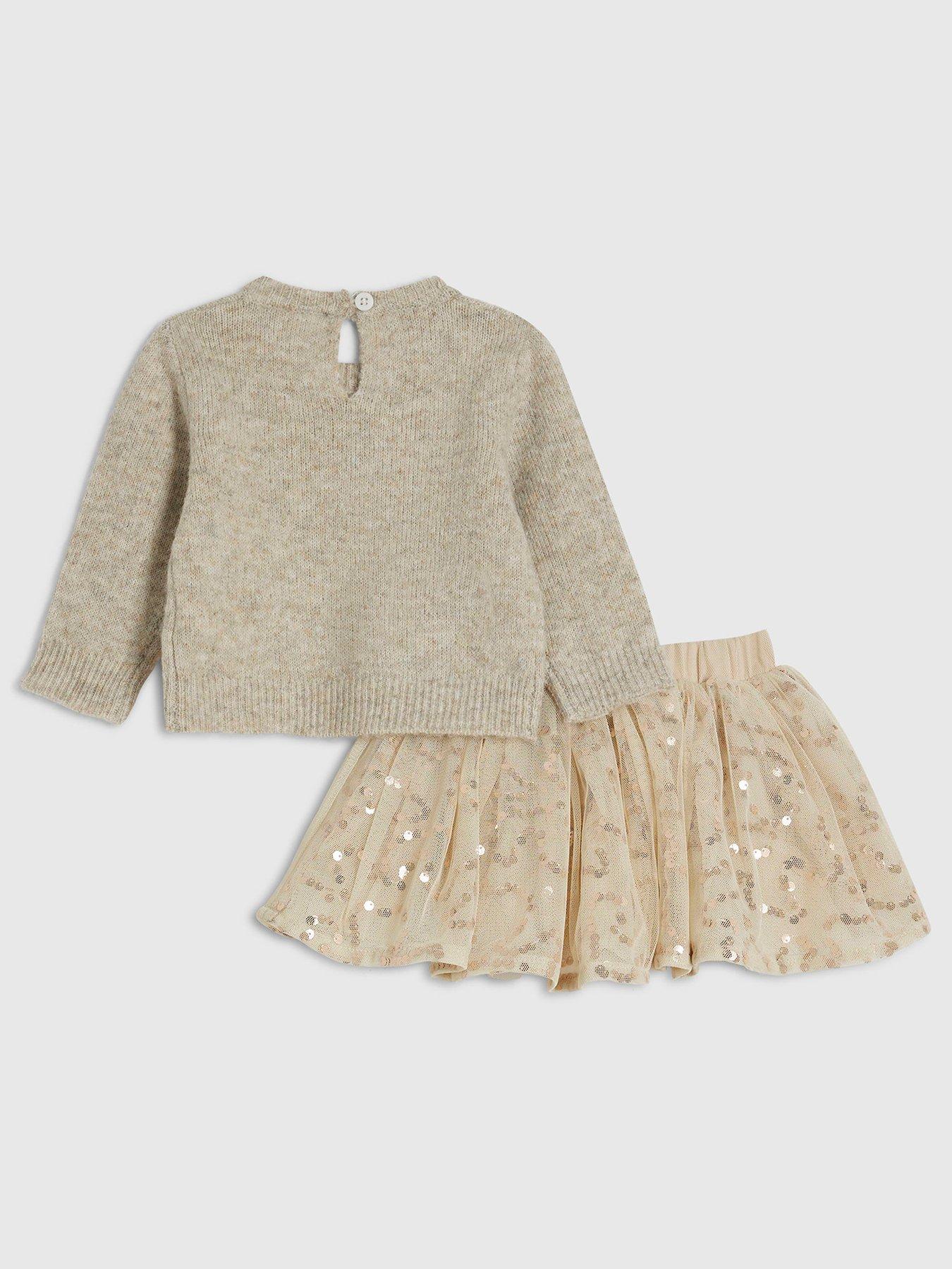 Image 2 of 5 of River Island Baby Baby Girls Bow Jumper With Tutu Set - Beige