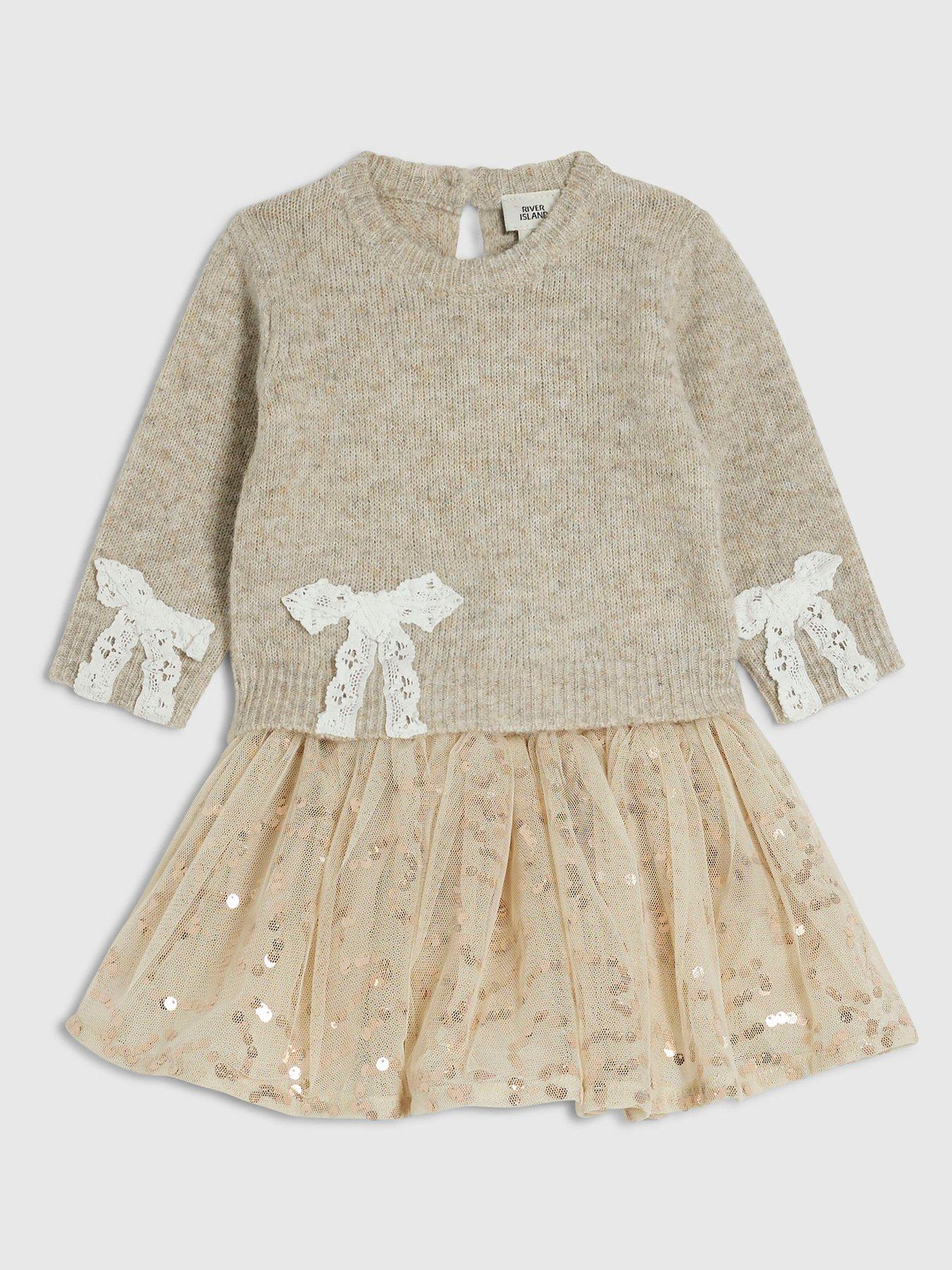 Image 3 of 5 of River Island Baby Baby Girls Bow Jumper With Tutu Set - Beige