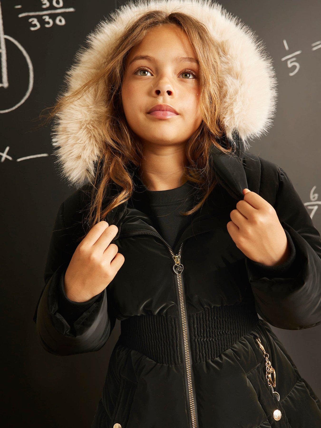Image 2 of 5 of River Island Girls Velour Padded Faux Fur Trim Coat - Black