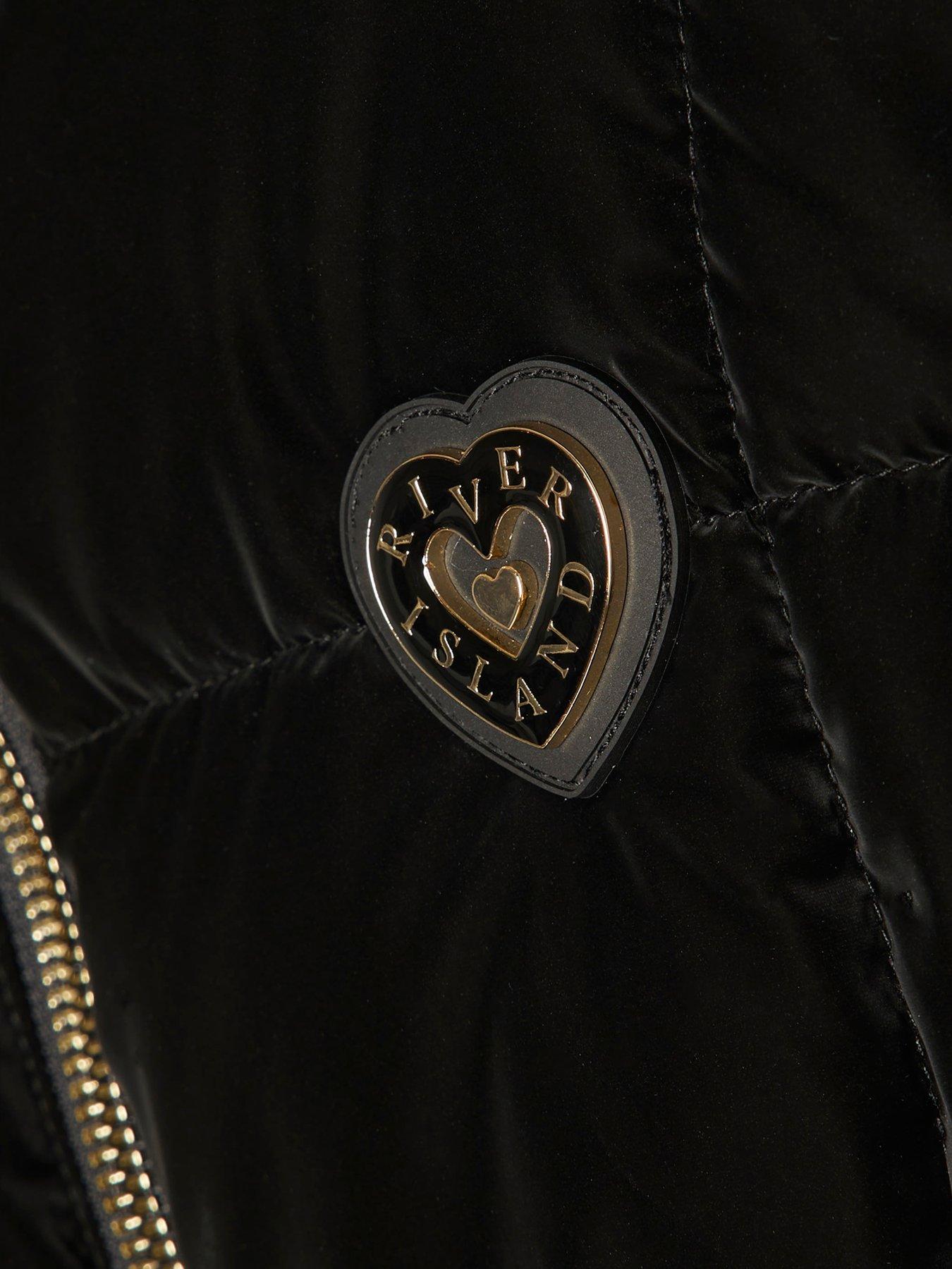 Image 4 of 5 of River Island Girls Velour Padded Faux Fur Trim Coat - Black