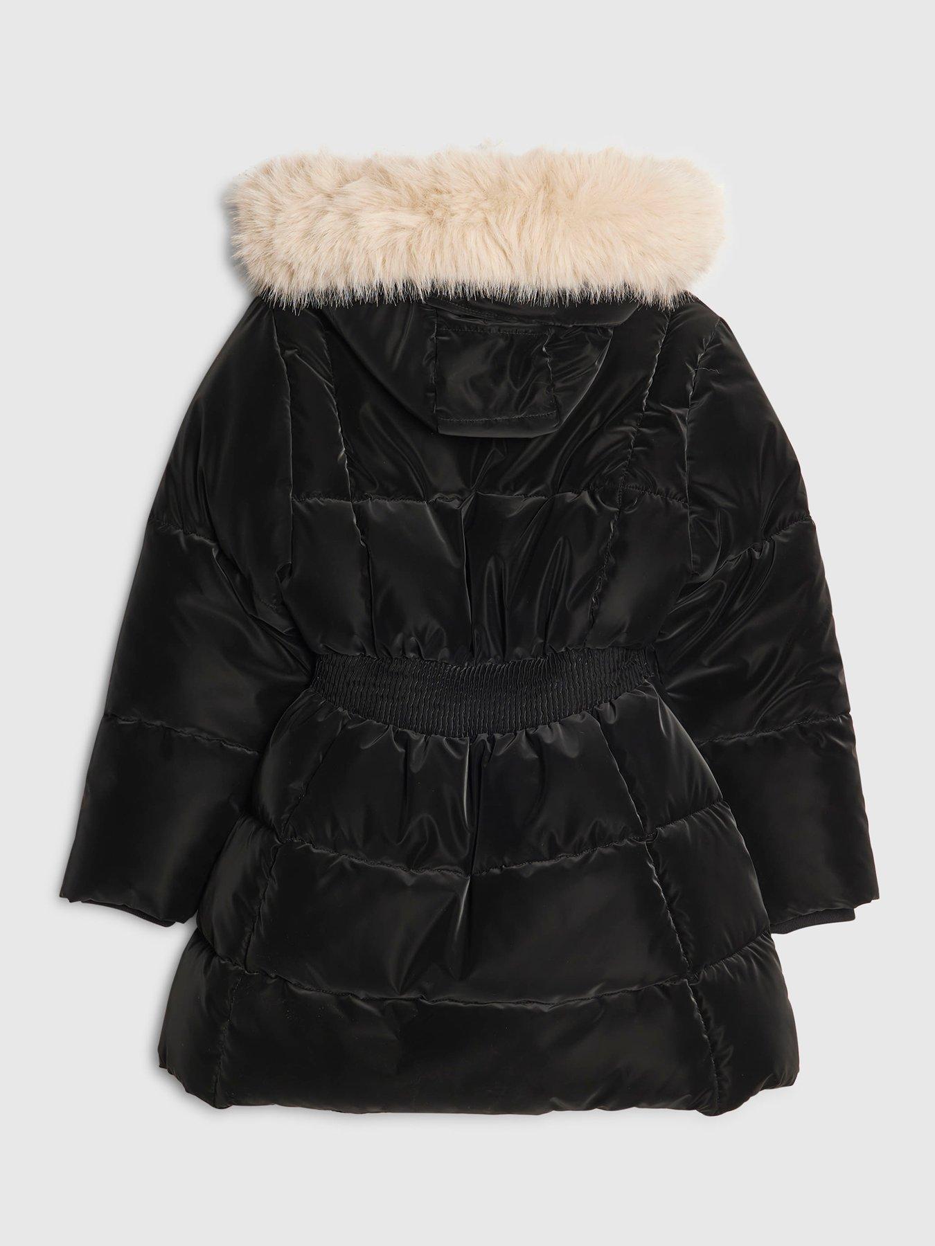 Image 5 of 5 of River Island Girls Velour Padded Faux Fur Trim Coat - Black