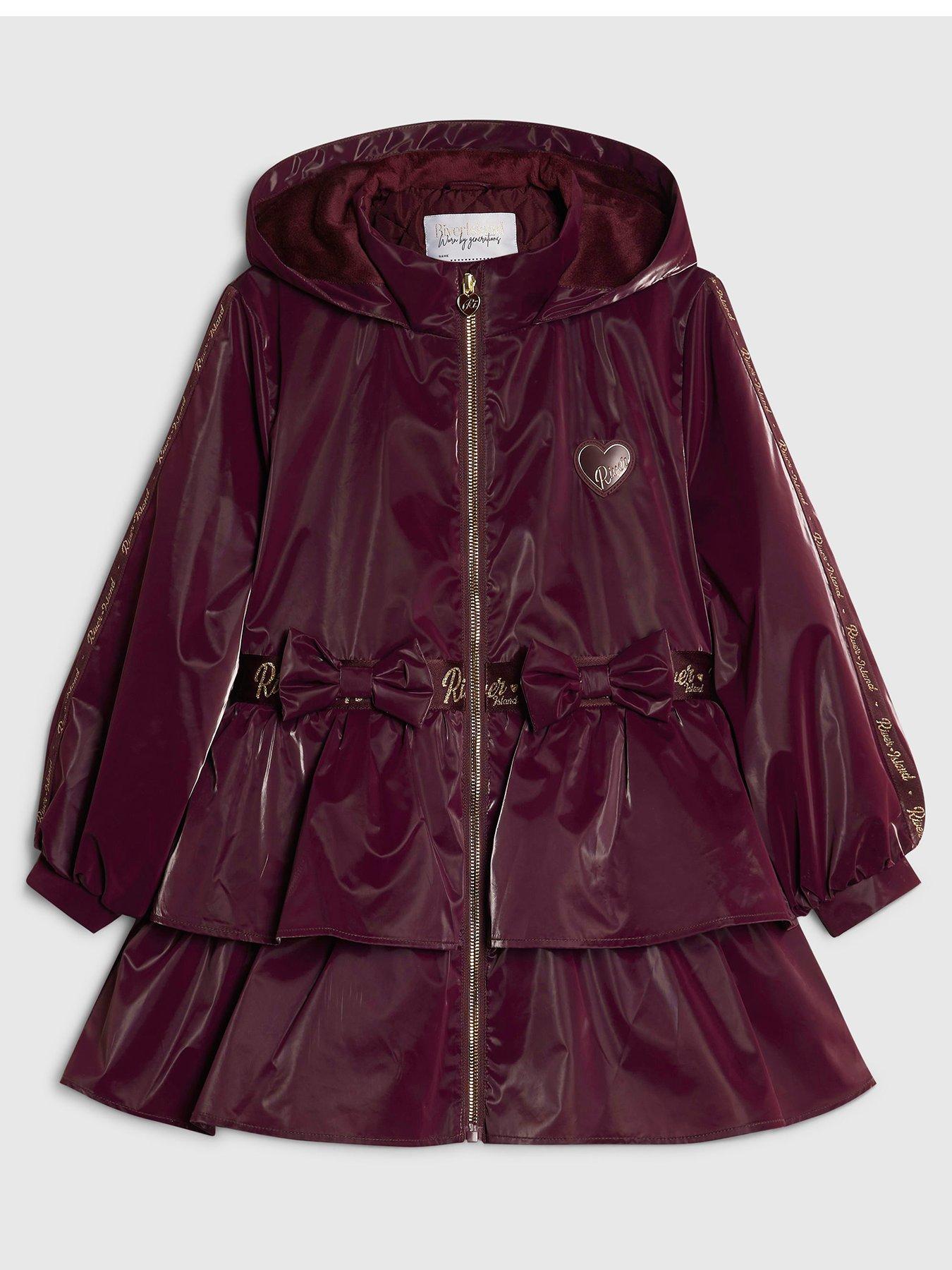Image 1 of 4 of River Island Girls Burgundy Frill Bow Raincoat - Burgundy