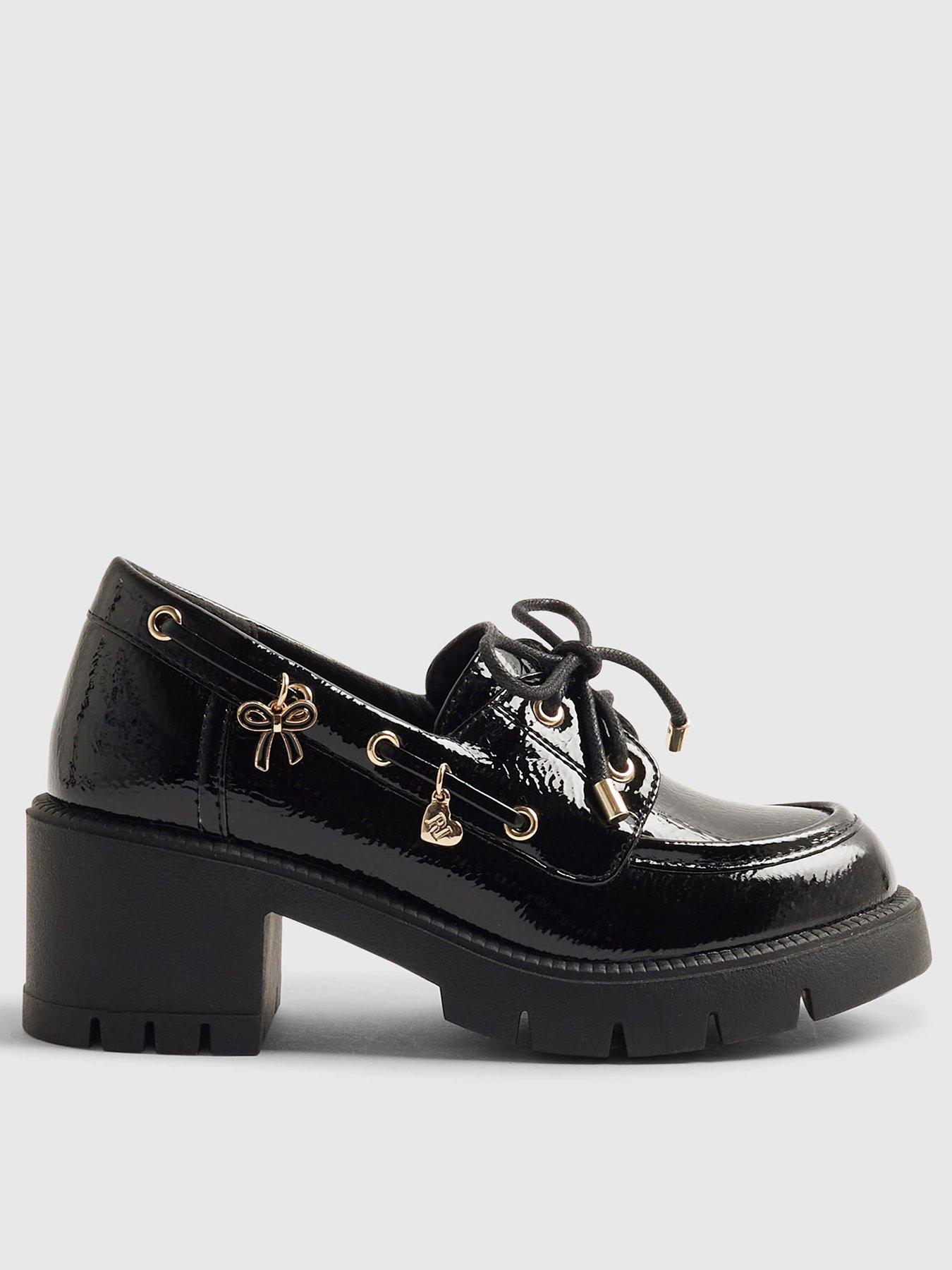 Image 1 of 5 of River Island Older Girls Patent Lace Up Heeled Boat Shoes - Black