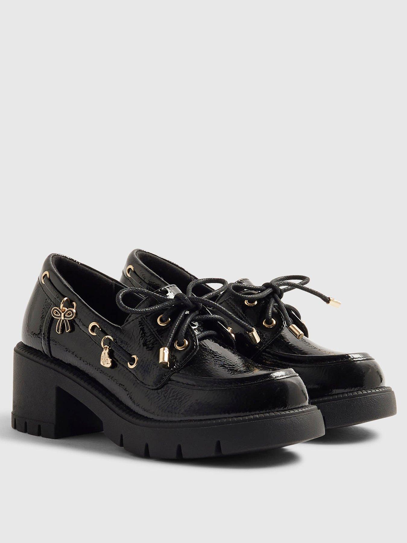 Image 2 of 5 of River Island Older Girls Patent Lace Up Heeled Boat Shoes - Black