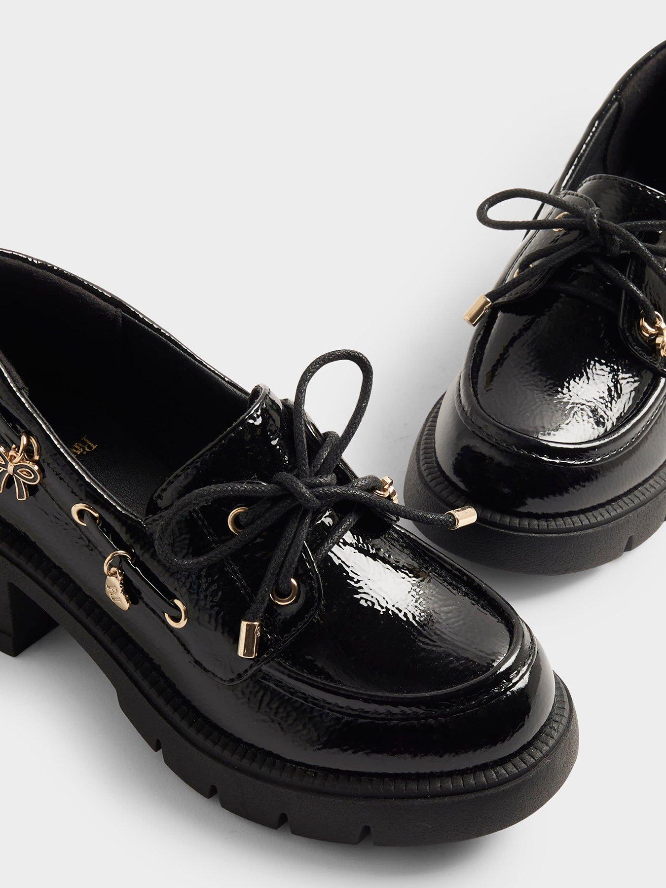Image 4 of 5 of River Island Older Girls Patent Lace Up Heeled Boat Shoes - Black