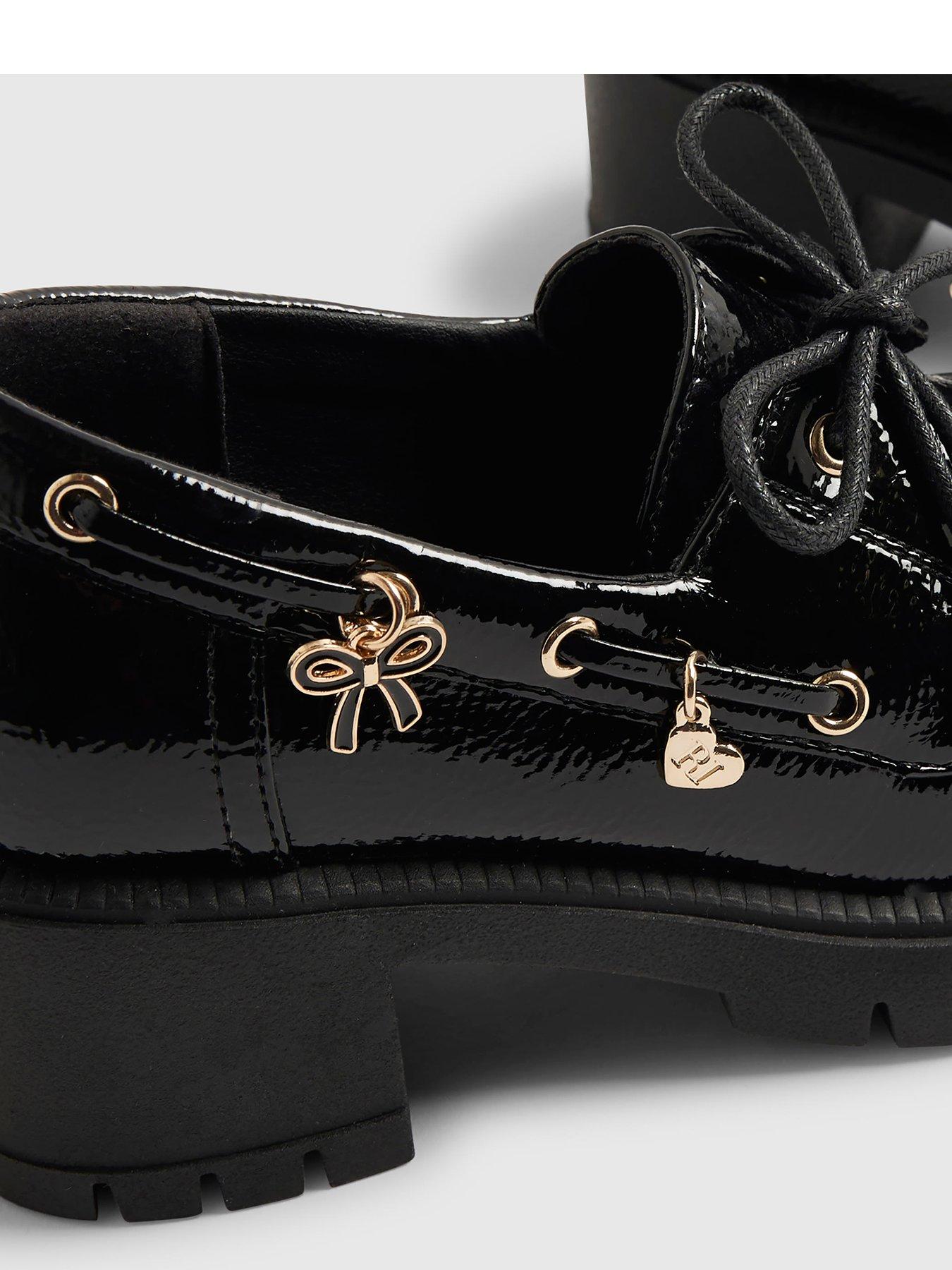 Image 5 of 5 of River Island Older Girls Patent Lace Up Heeled Boat Shoes - Black