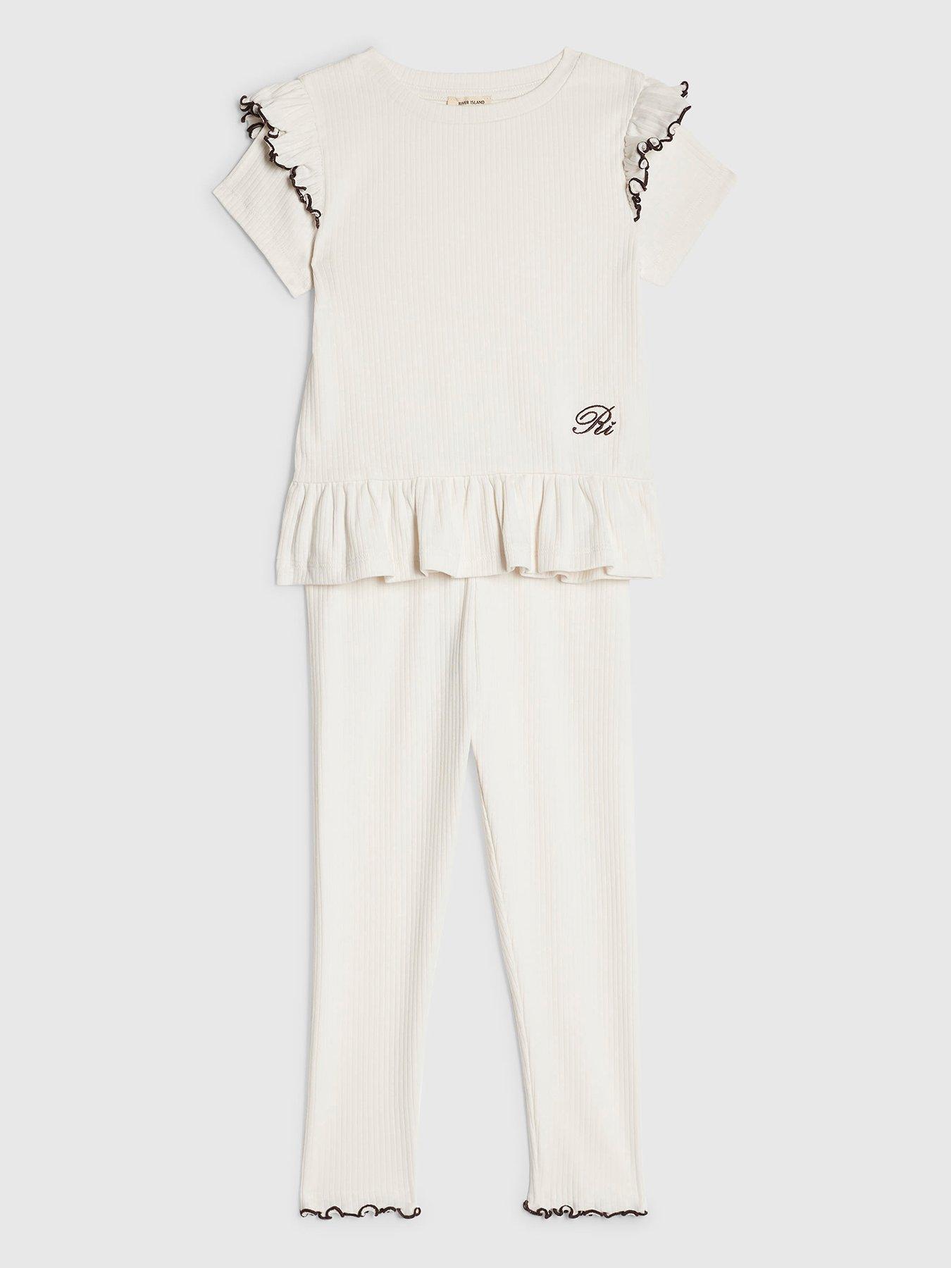 River Island Mini Mini Girls Cream Frilled Ribbed Top Set - Cream