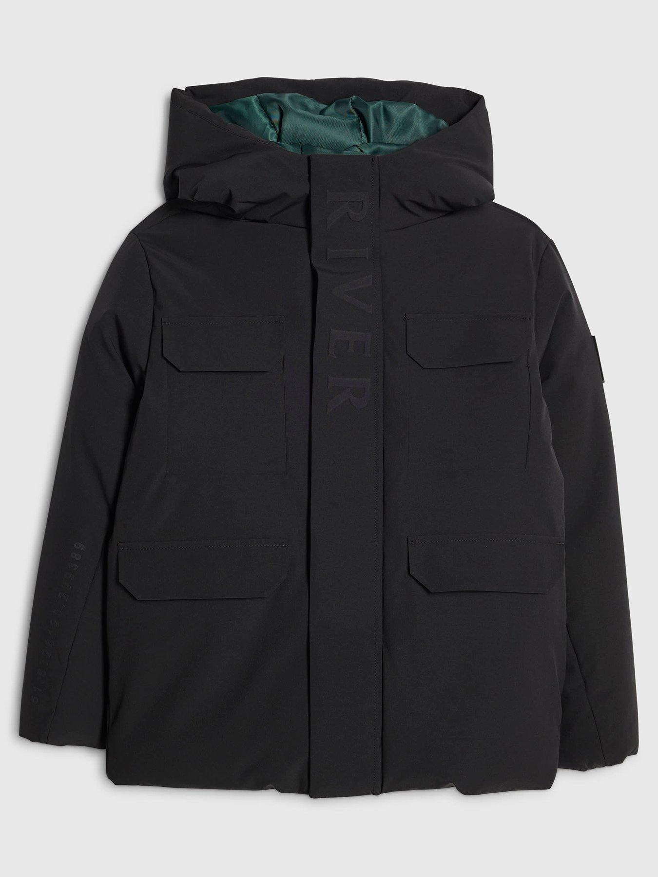 River Island Boys Embossed River Hooded Coat - Black